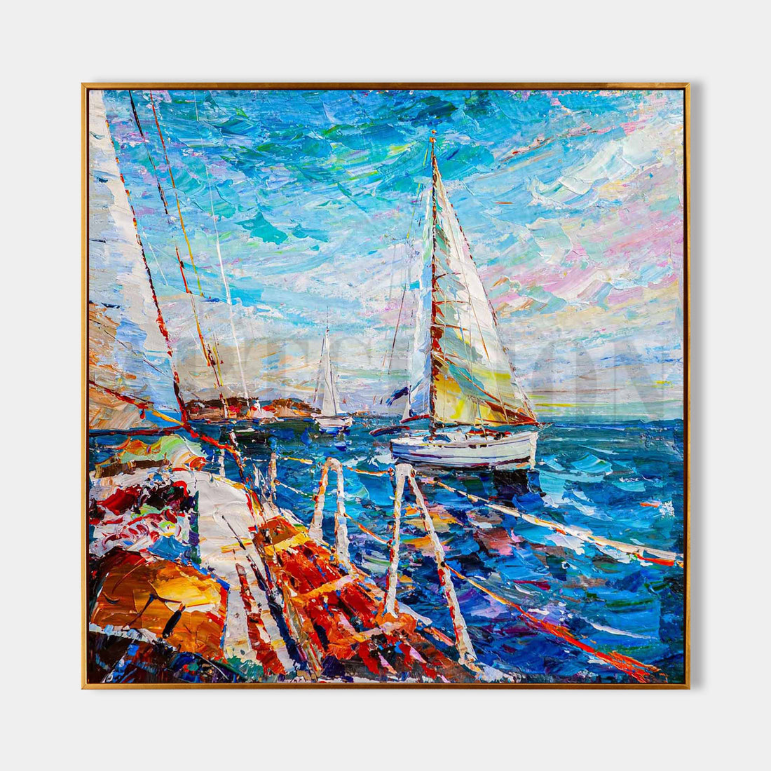 a painting of sailboats in the ocean