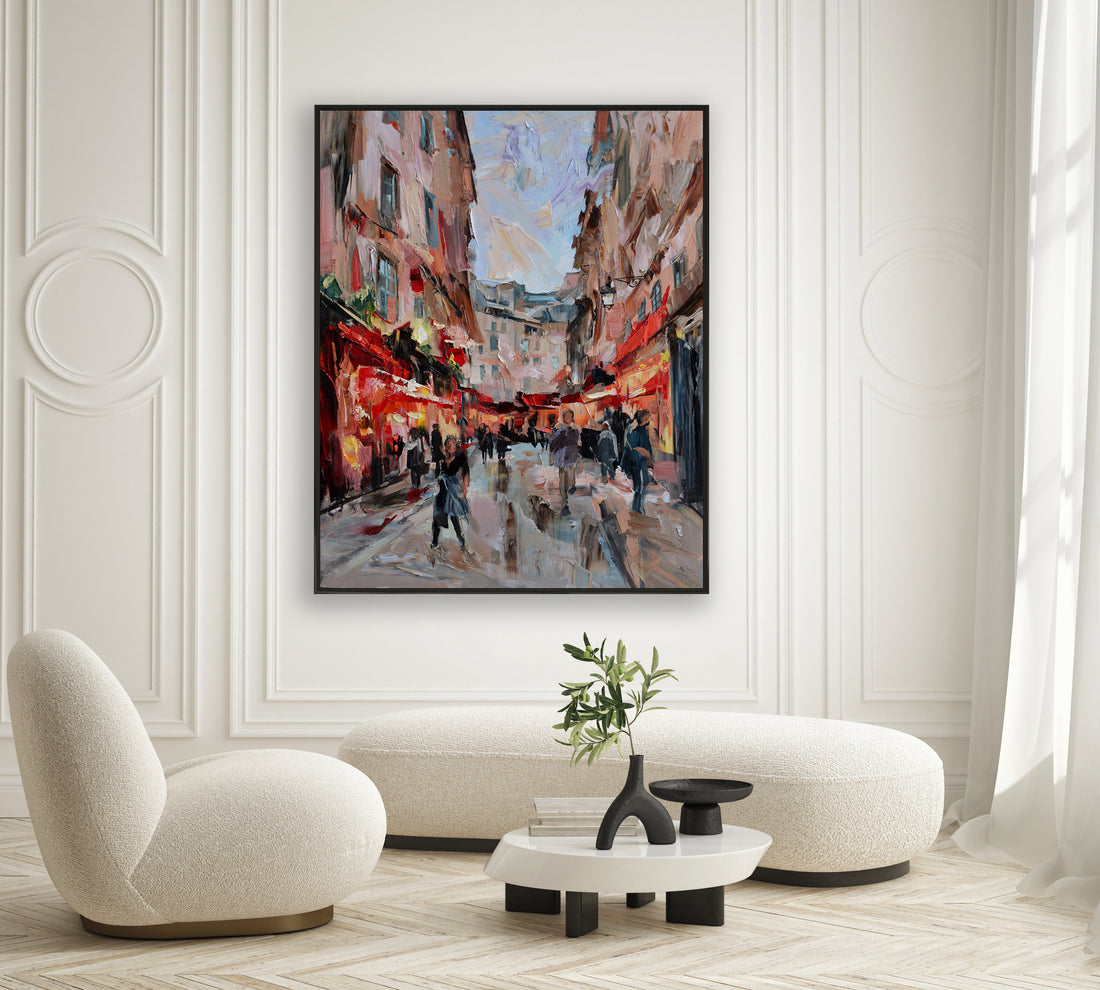 a painting of people walking down a city street