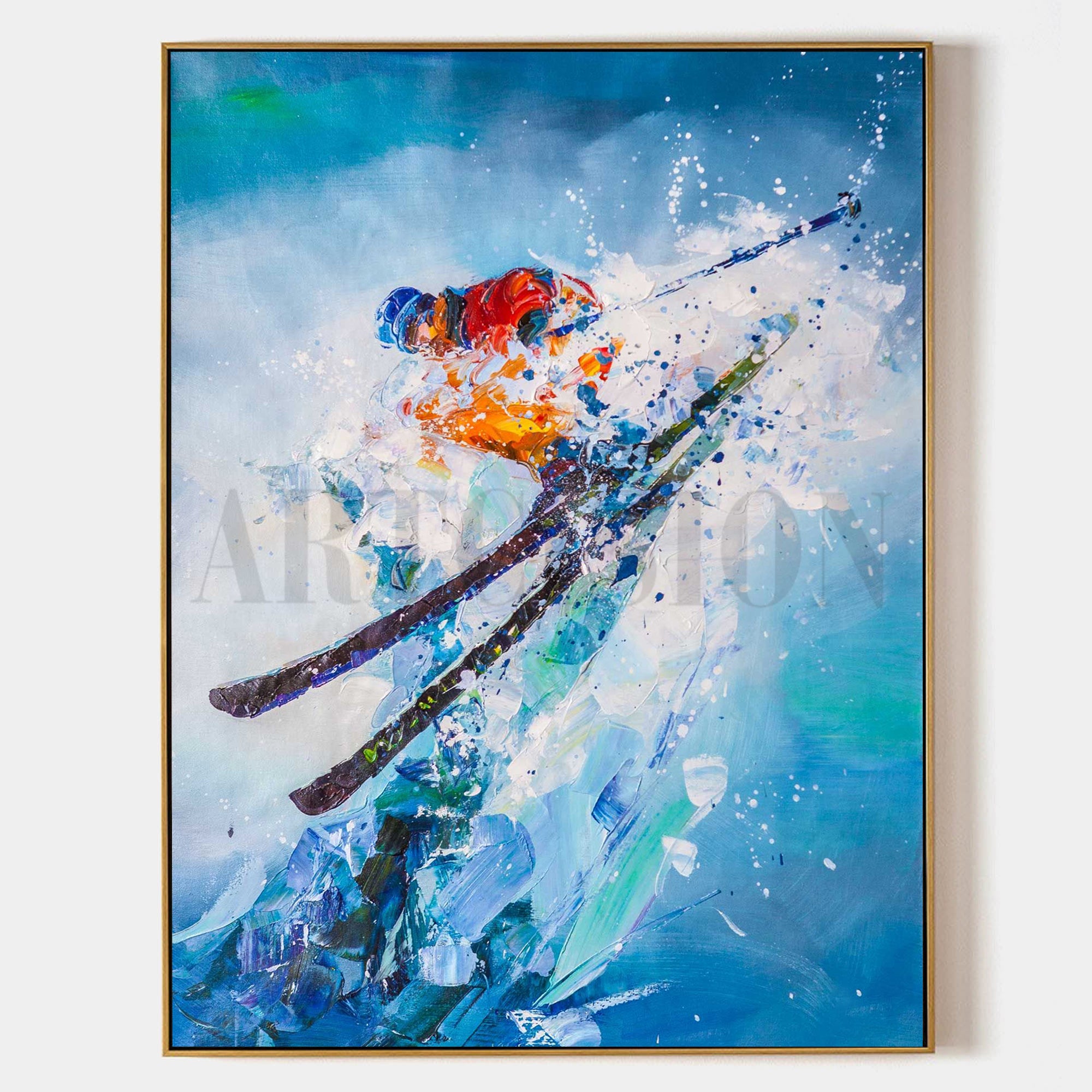 a painting of a skier in the air