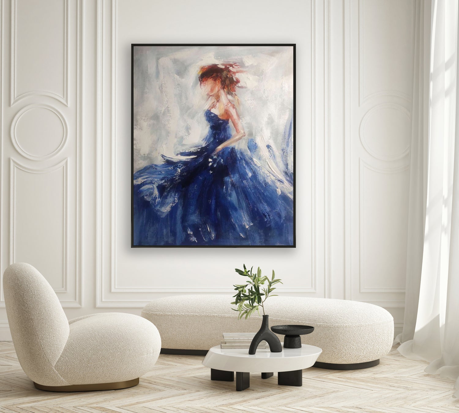 a painting of a woman in a blue dress