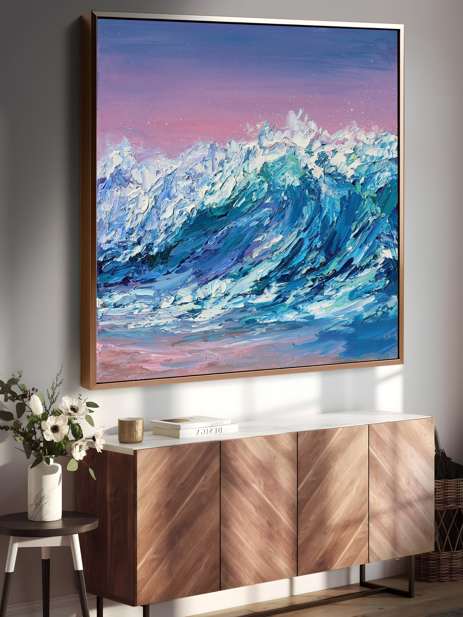 a painting of a wave on a wall