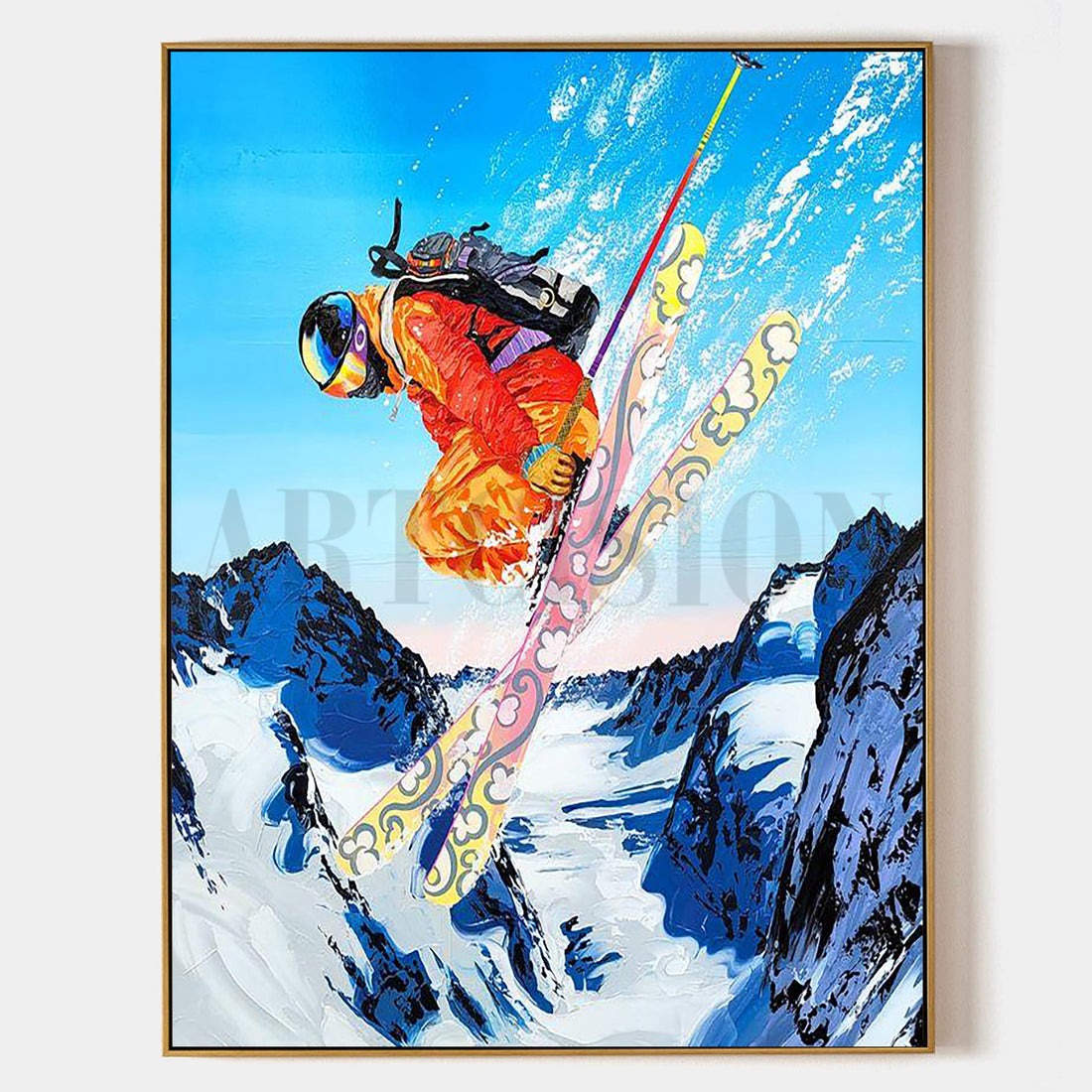 a painting of a snowboarder in the air