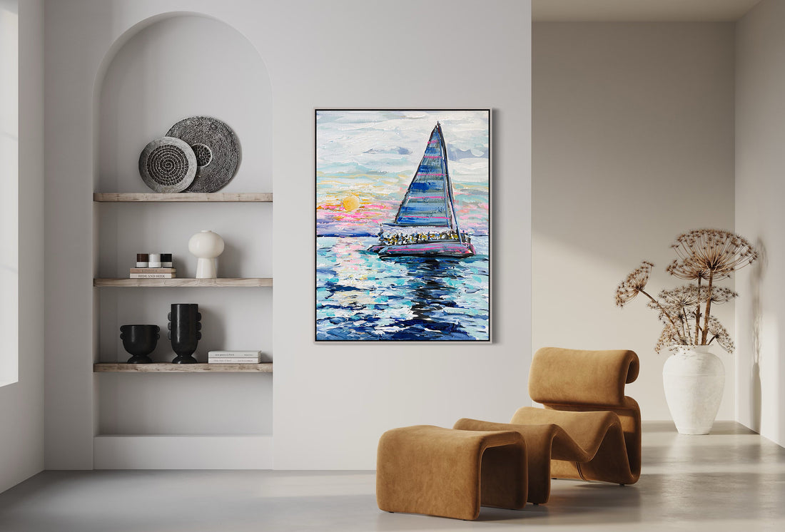 a painting of a sailboat on the water