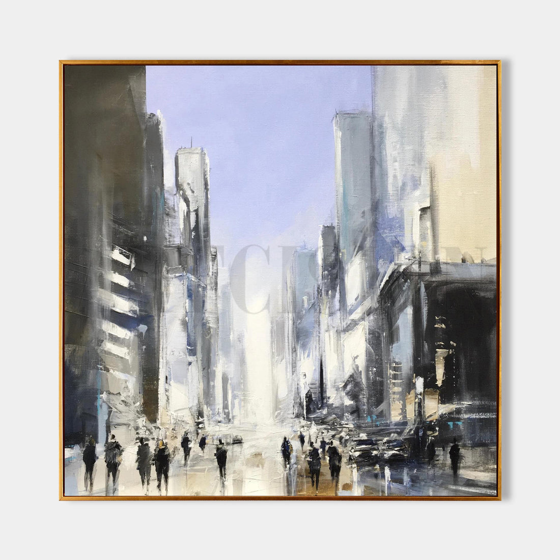 a painting of people walking down a city street