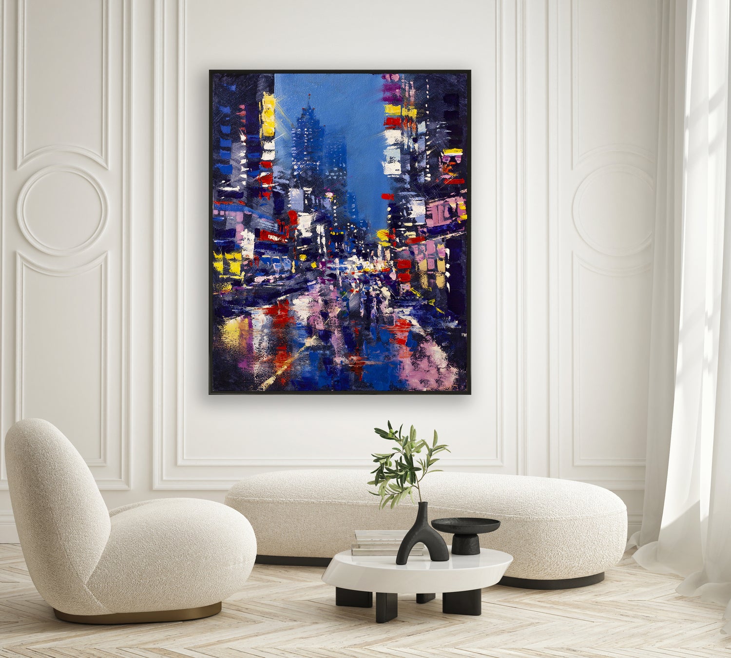 a painting of a city street at night