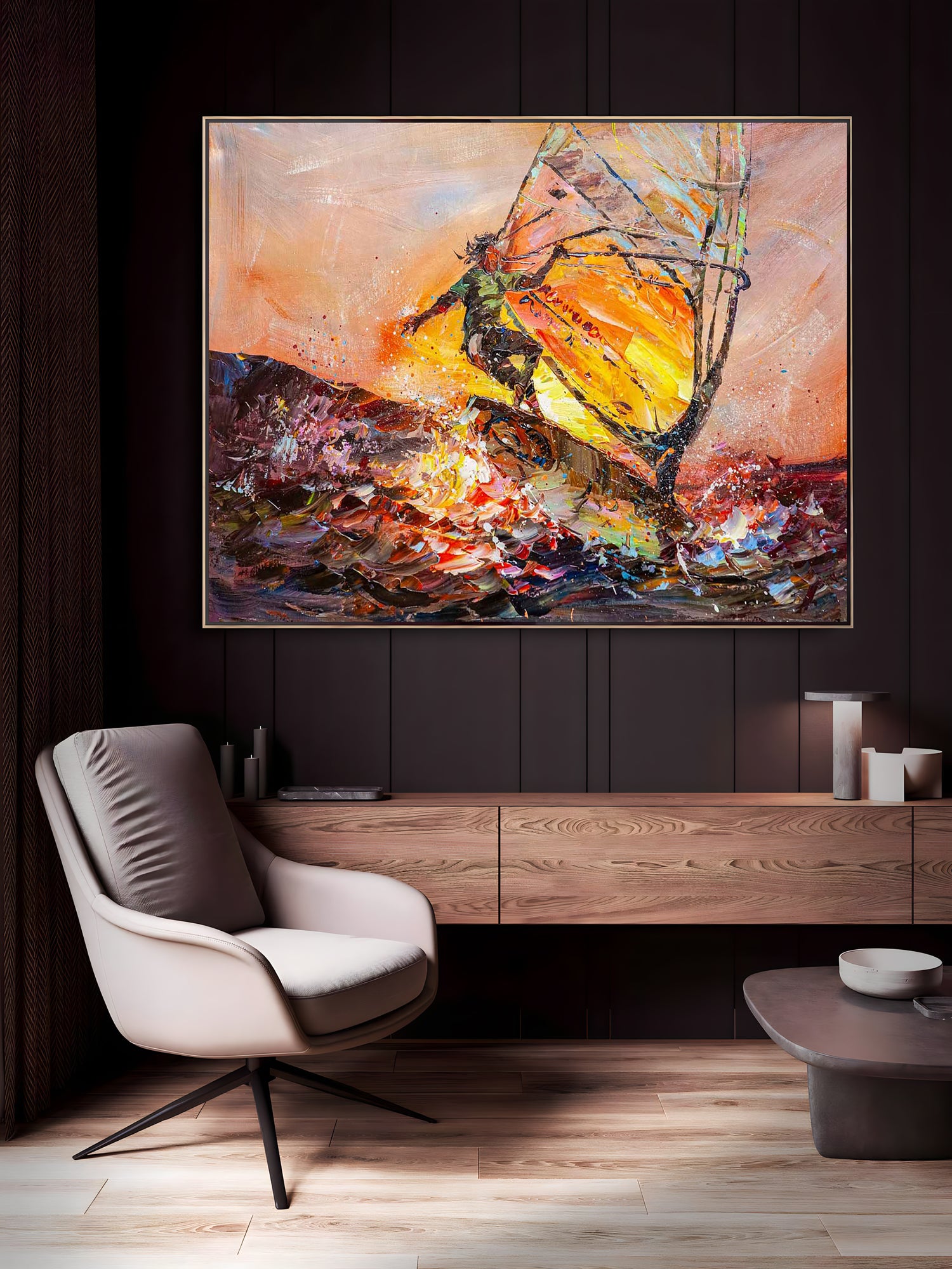 a painting on a wall above a chair