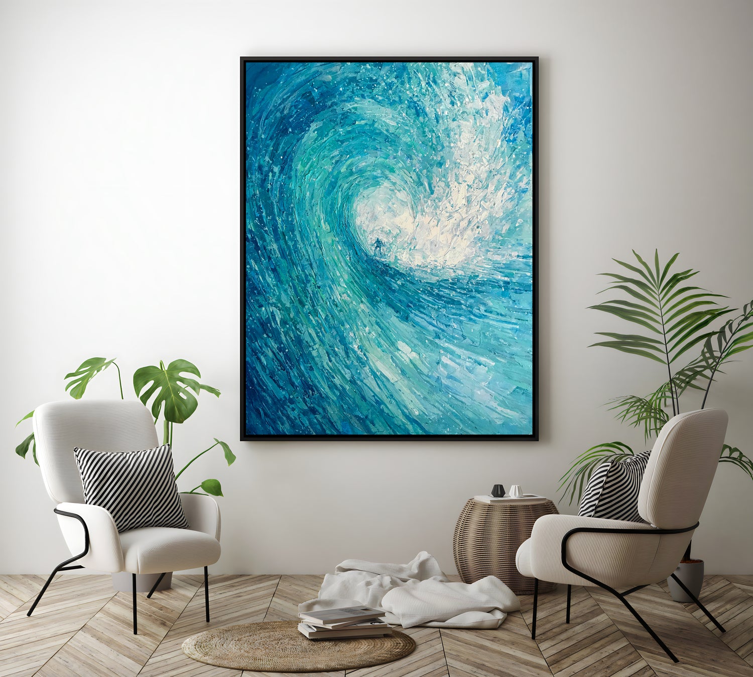 a painting of a blue wave in a living room