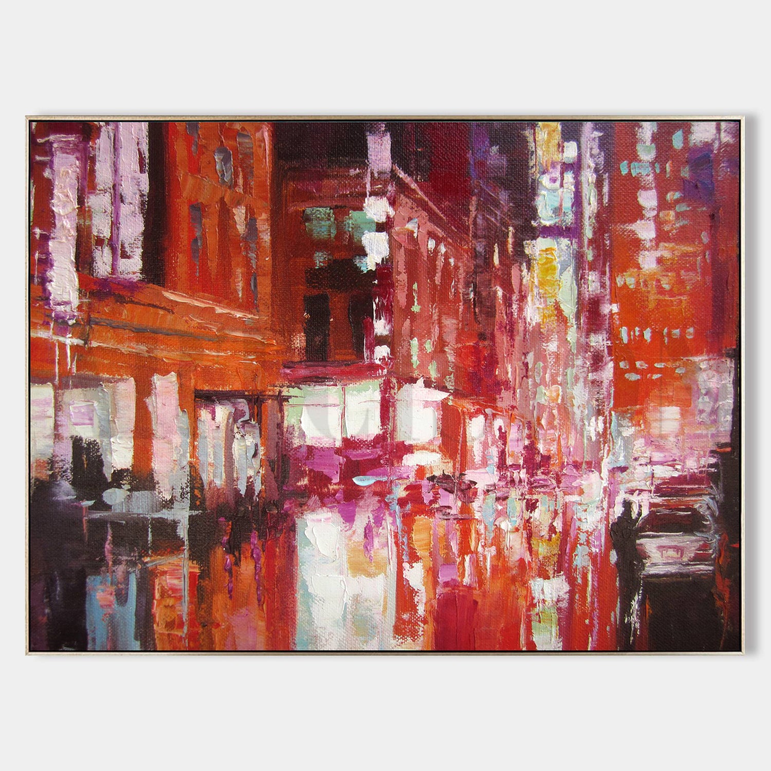 a painting of a city street at night