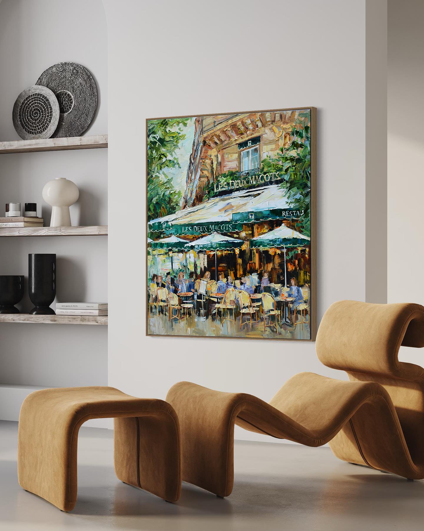 a painting of a cafe with chairs and tables