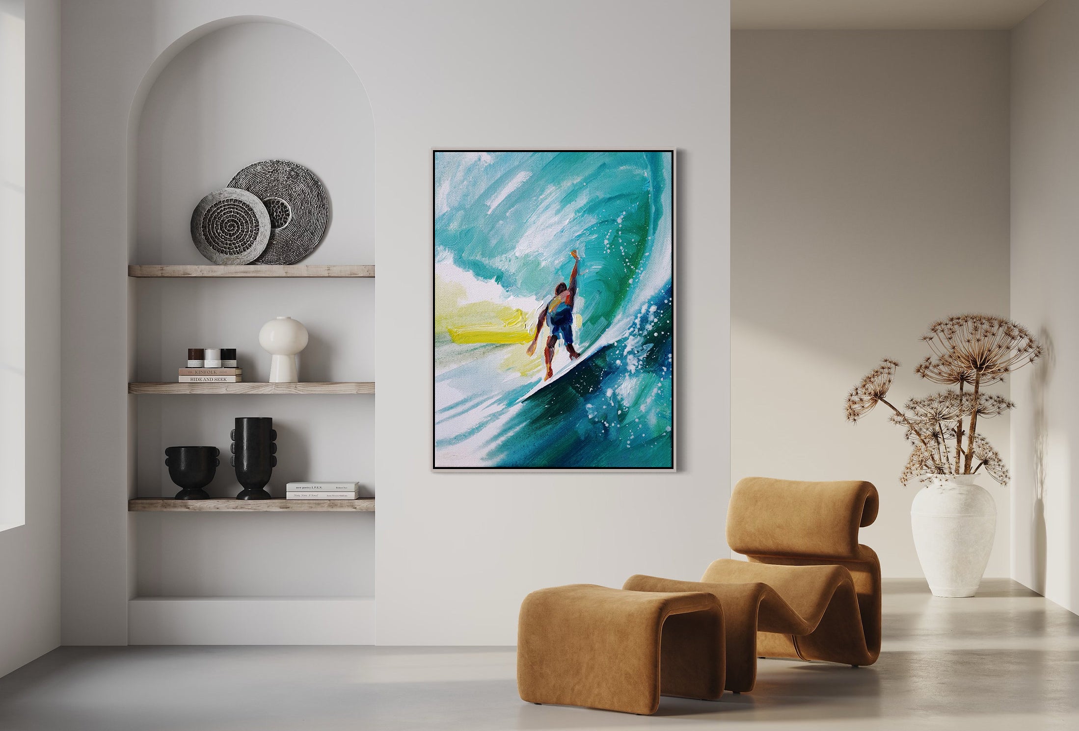 a painting of a surfer riding a wave