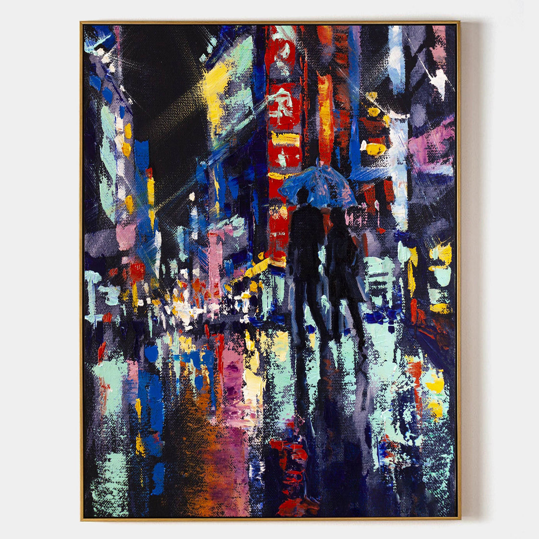 a painting of two people holding umbrellas in the rain