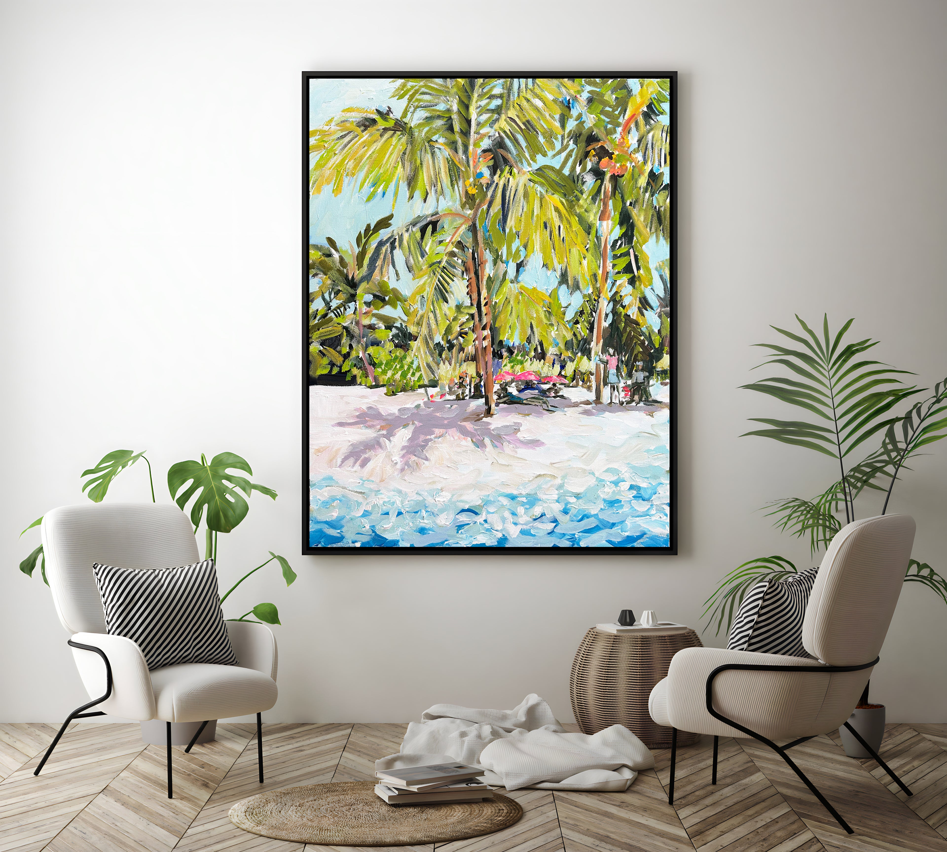 a painting of a tropical beach with palm trees