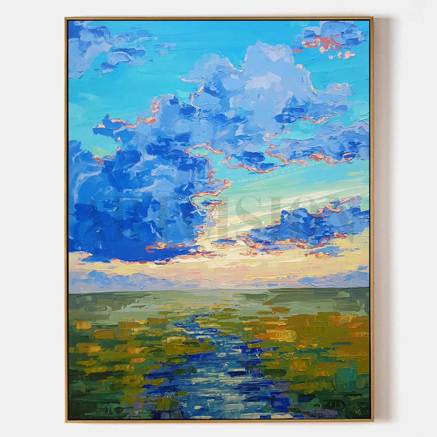 a painting of a sunset over a body of water