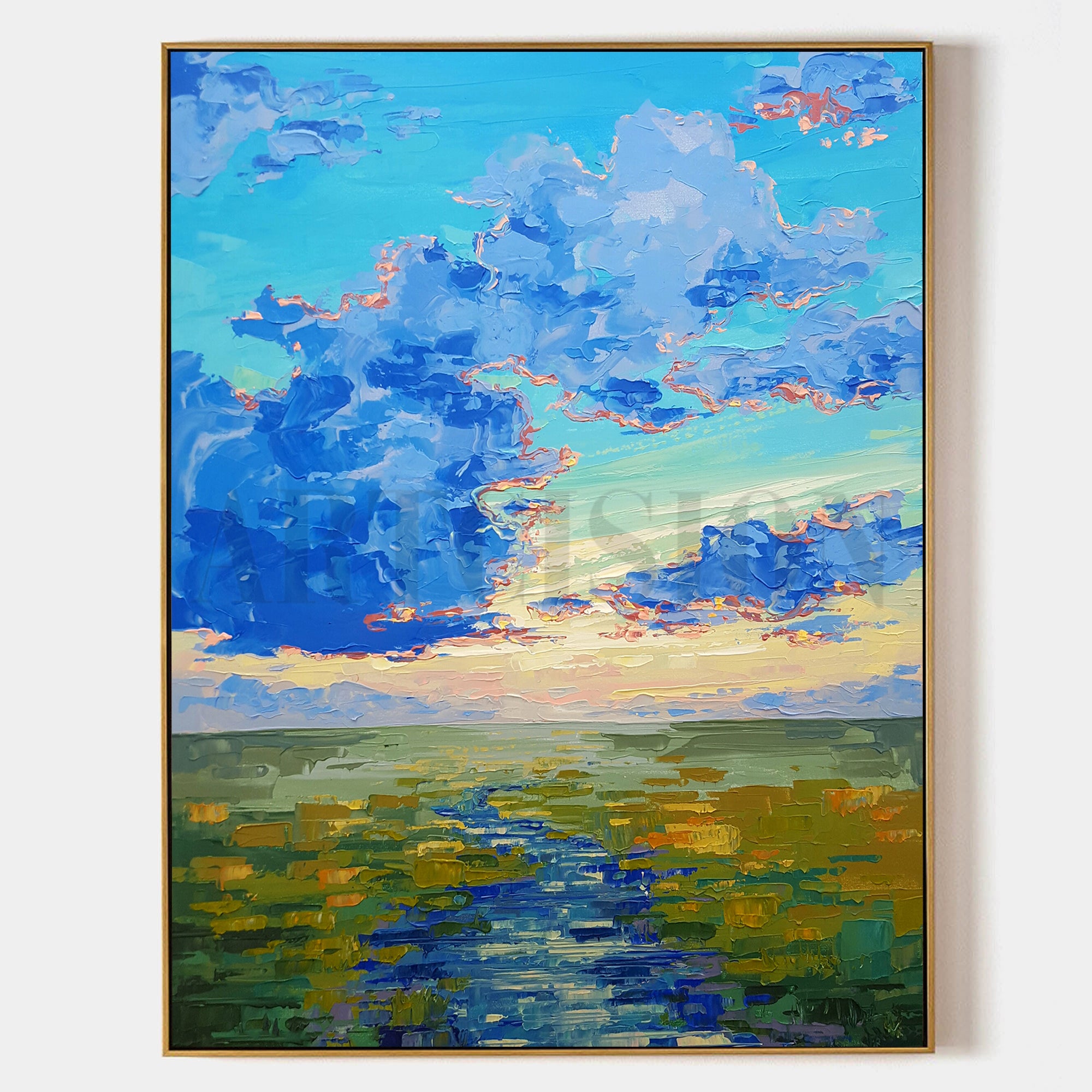 a painting of a sunset over a body of water