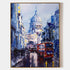 a painting of a city street with a red double decker bus