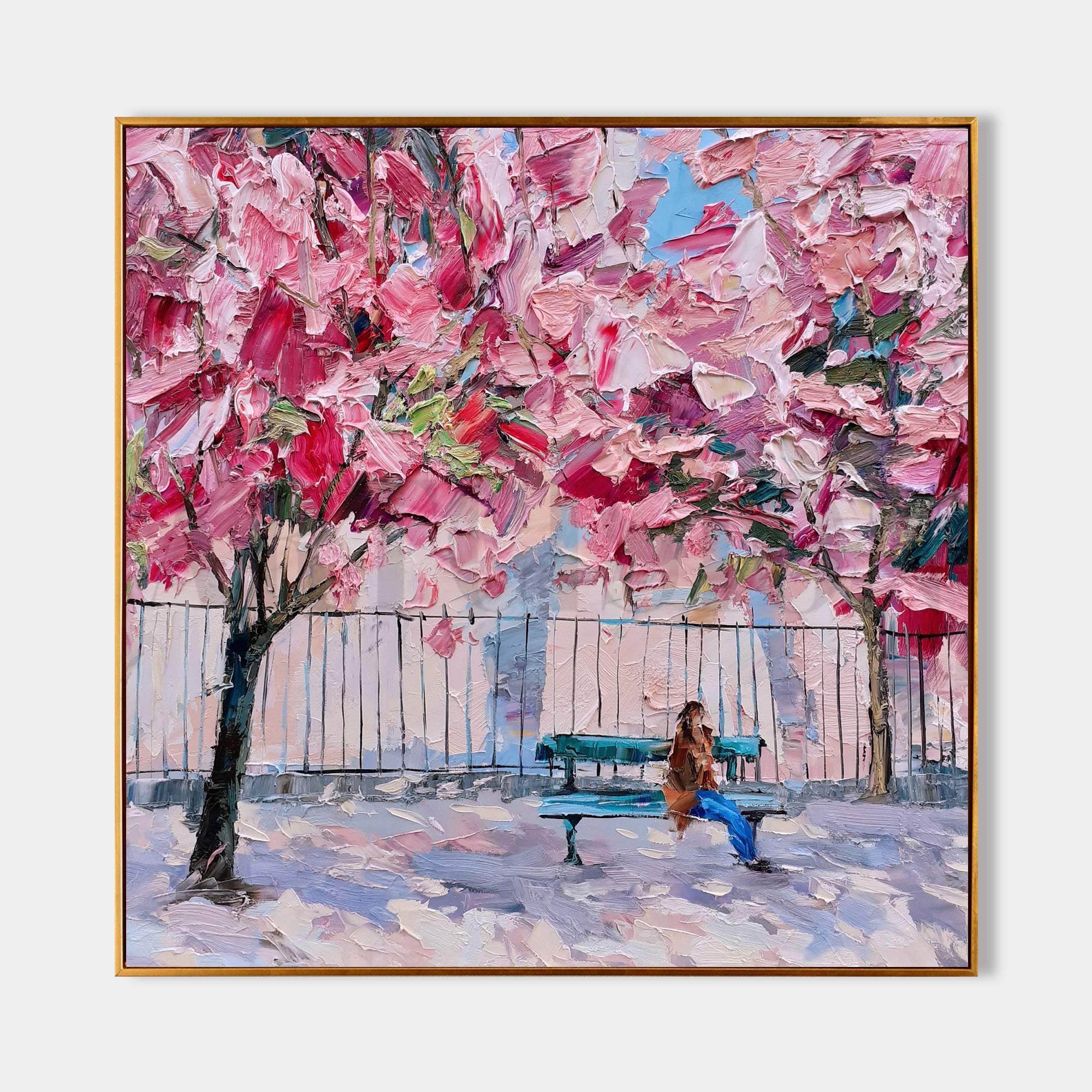 a painting of a woman sitting on a bench under a tree