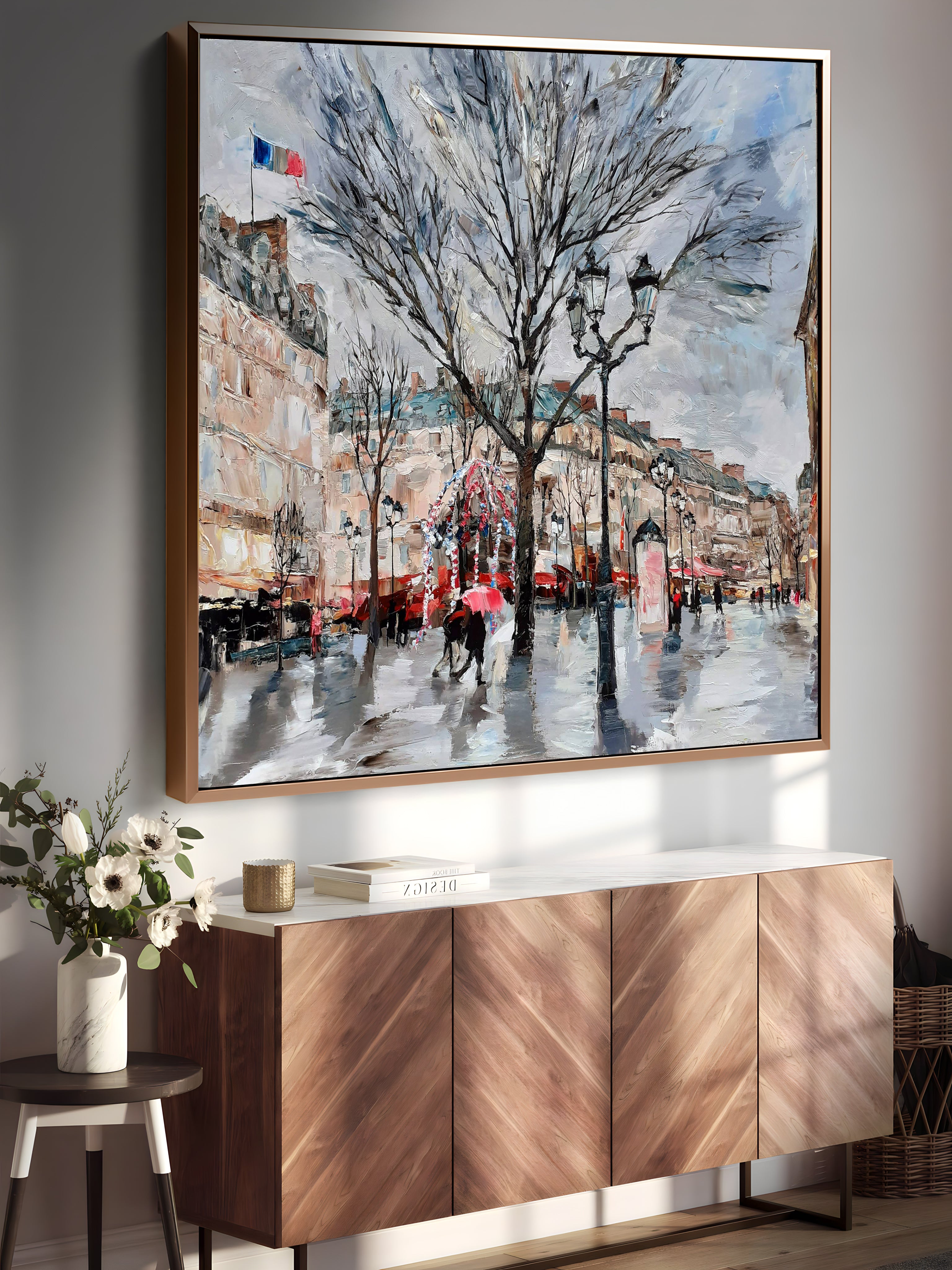 a painting hanging on a wall next to a sideboard