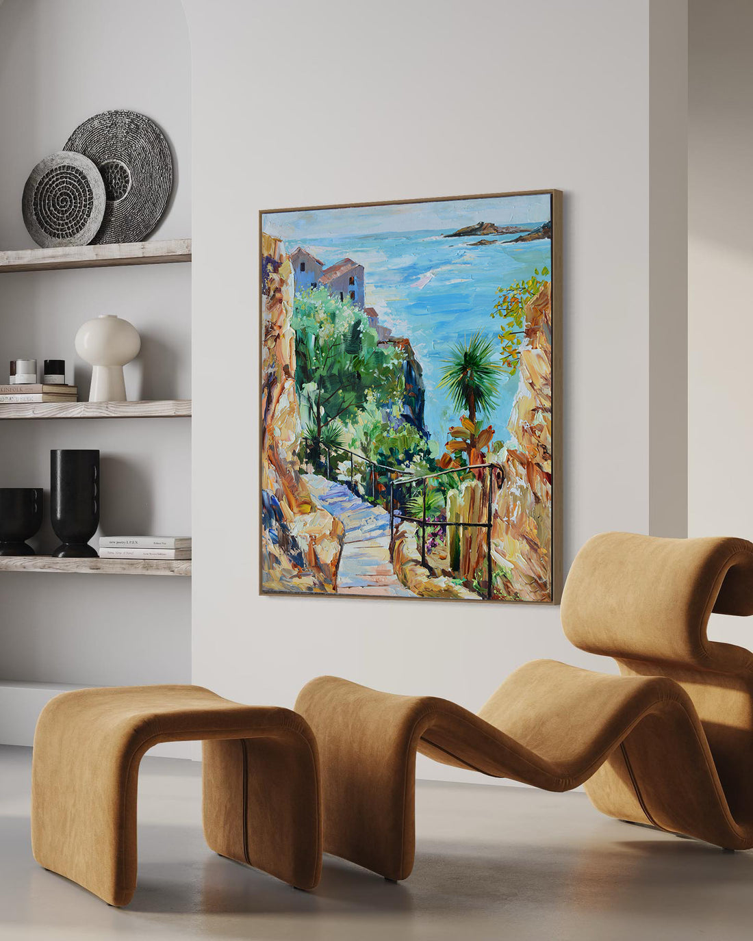 a painting hanging on the wall of a living room