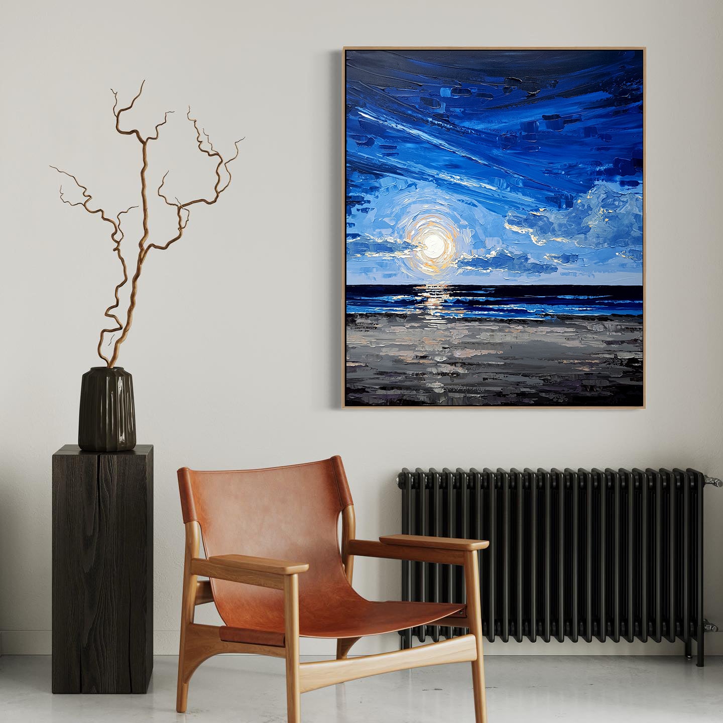 a painting of a full moon over the ocean