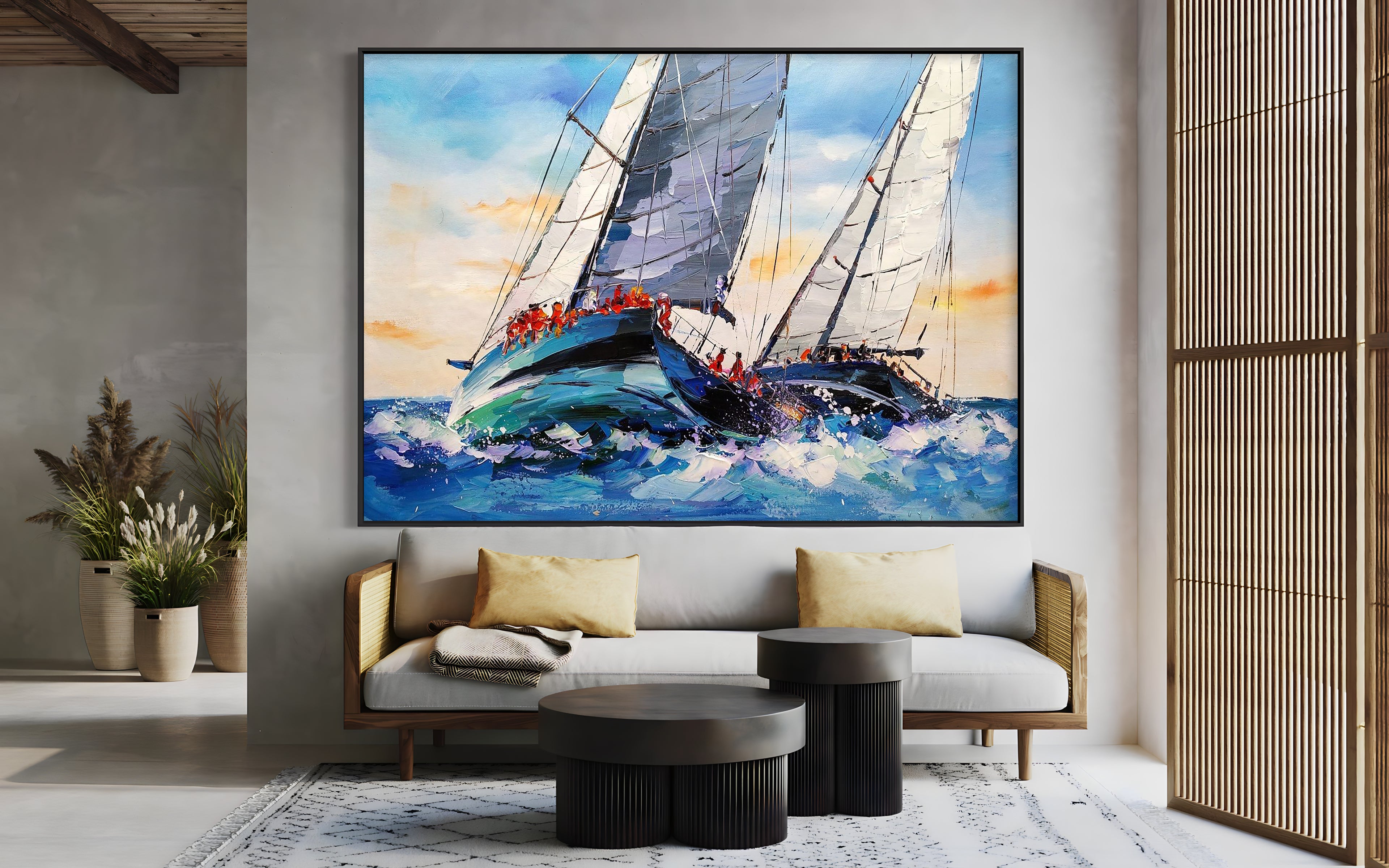 a painting of a sailboat in the ocean