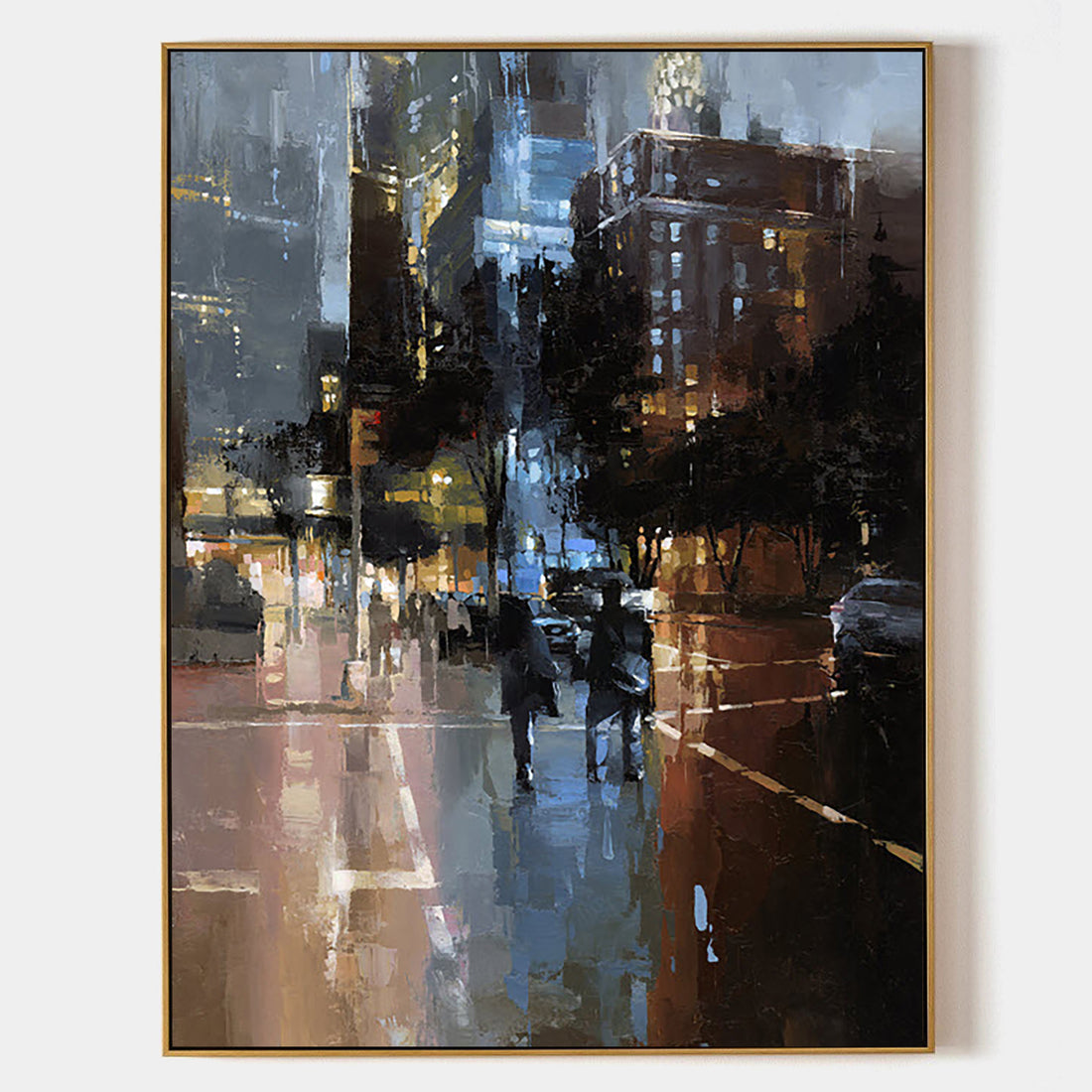 a painting of a city street at night