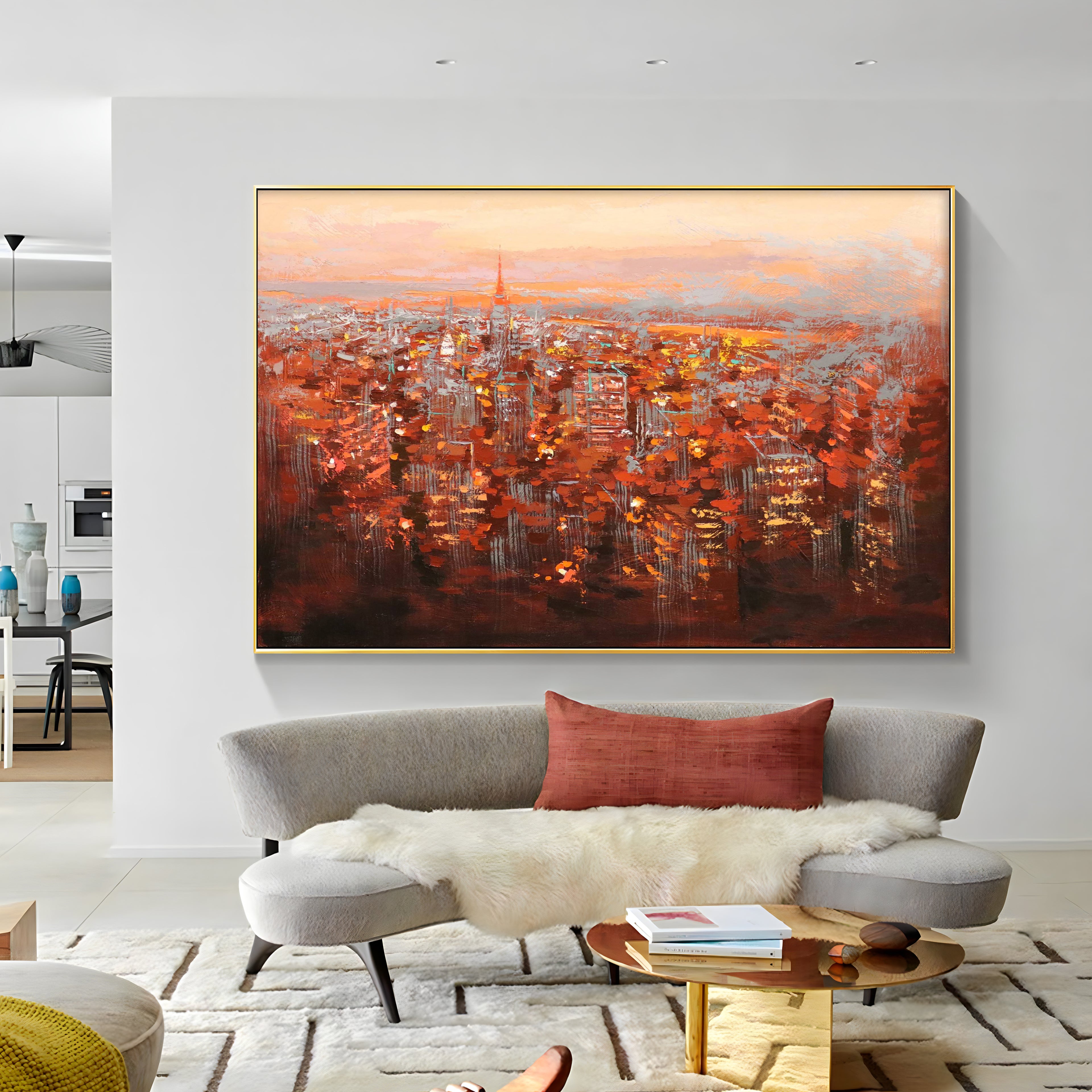 a painting hanging on the wall of a room