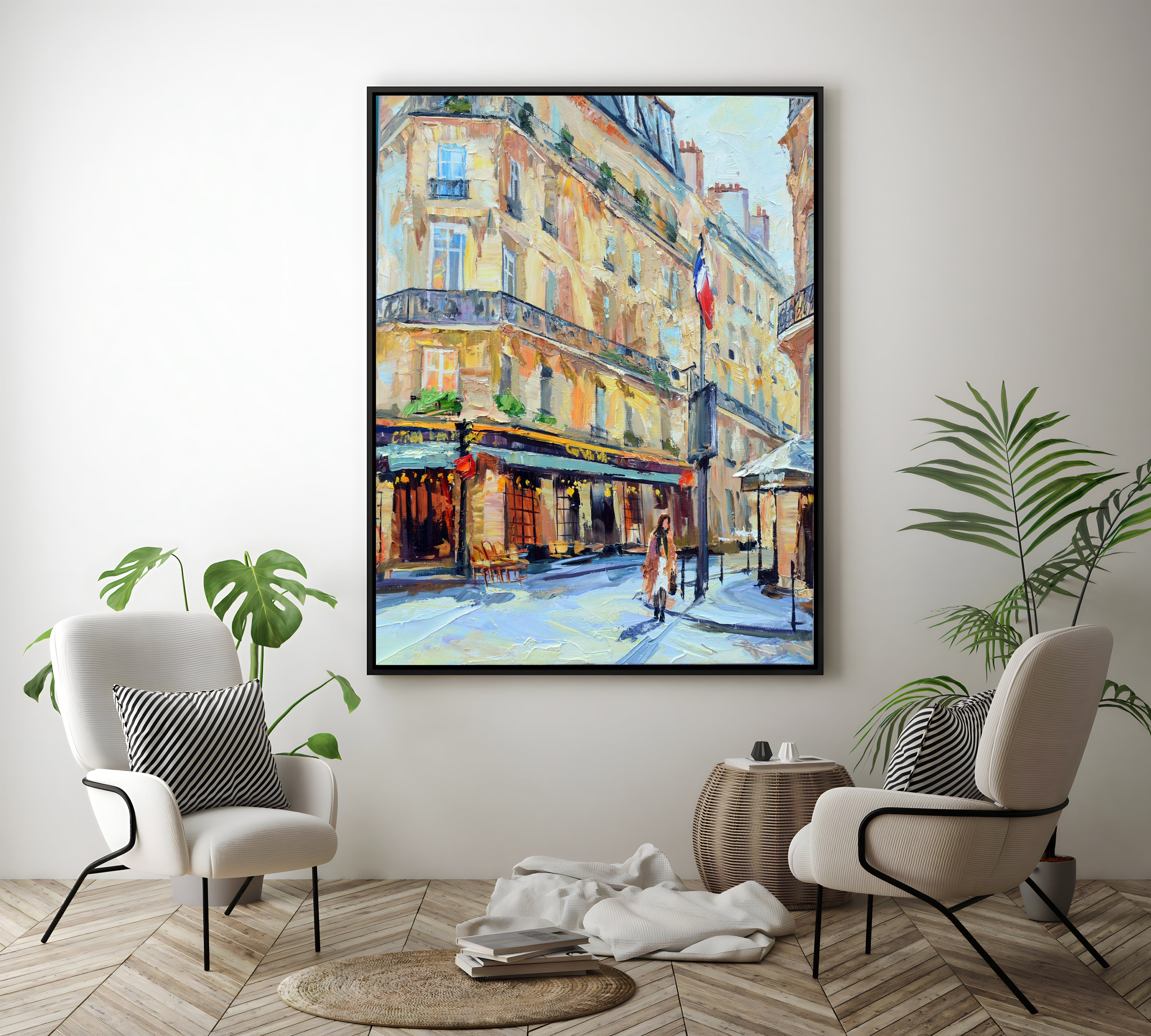 a painting of a city street with people walking by