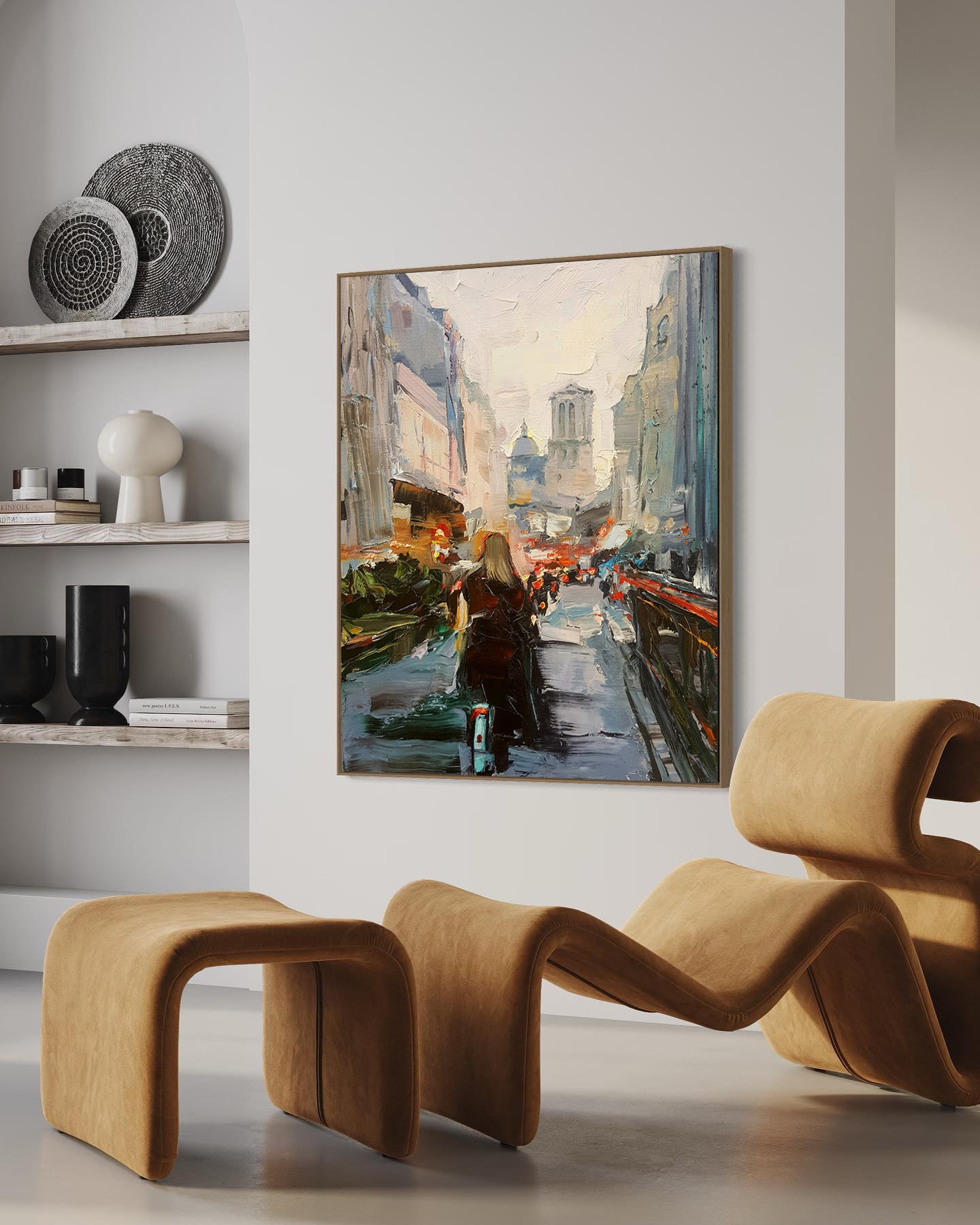 a painting of a woman walking down a city street