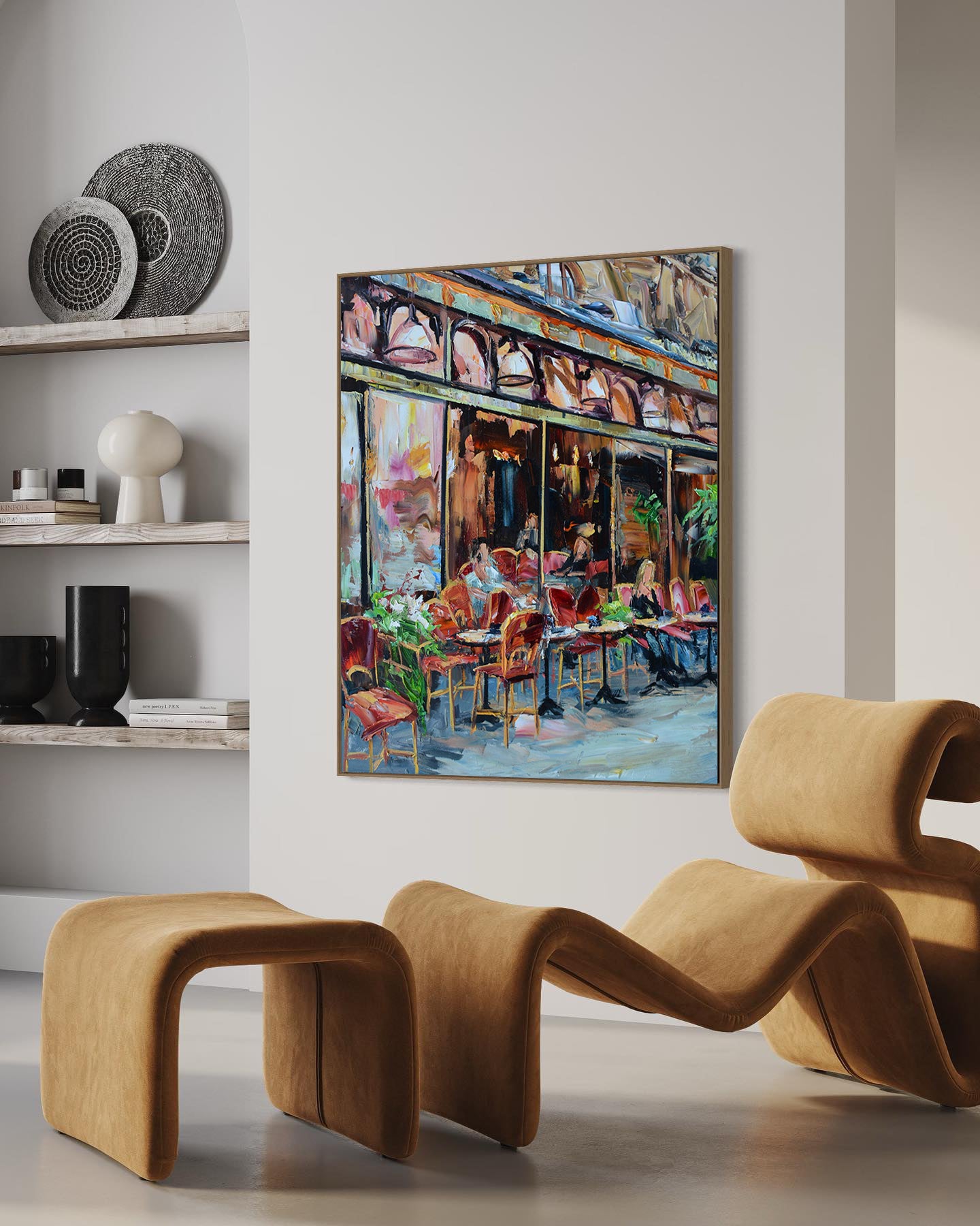 a painting of a cafe with chairs and tables