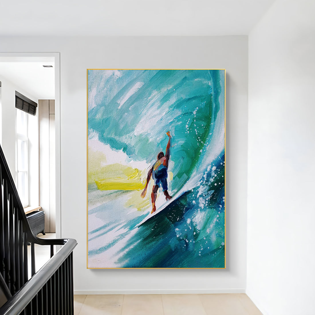 a painting of a surfer riding a large wave