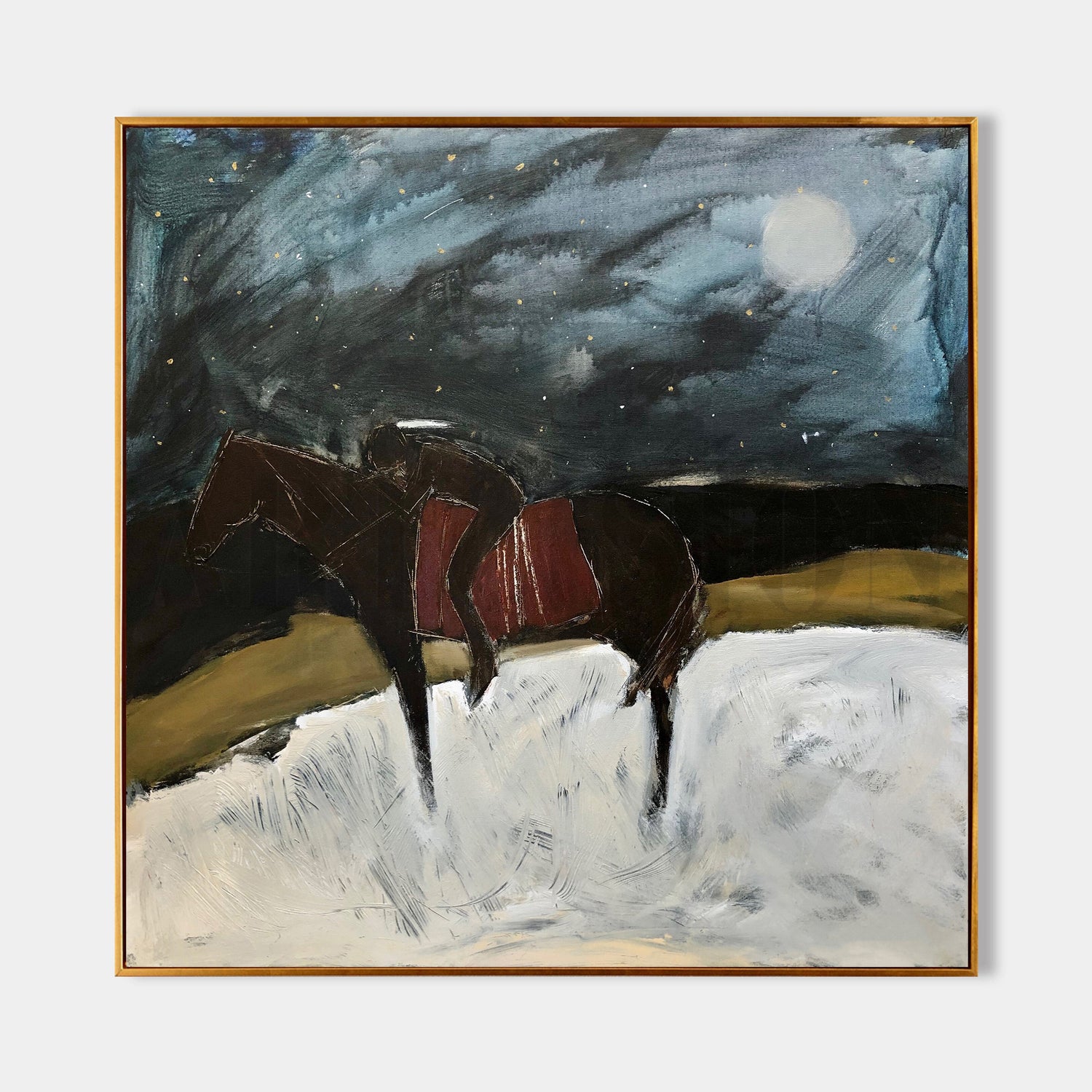 a painting of two horses in a snowy field