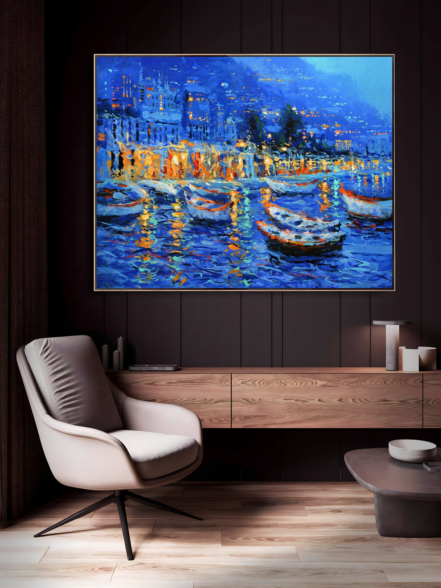 a painting of boats in a harbor at night