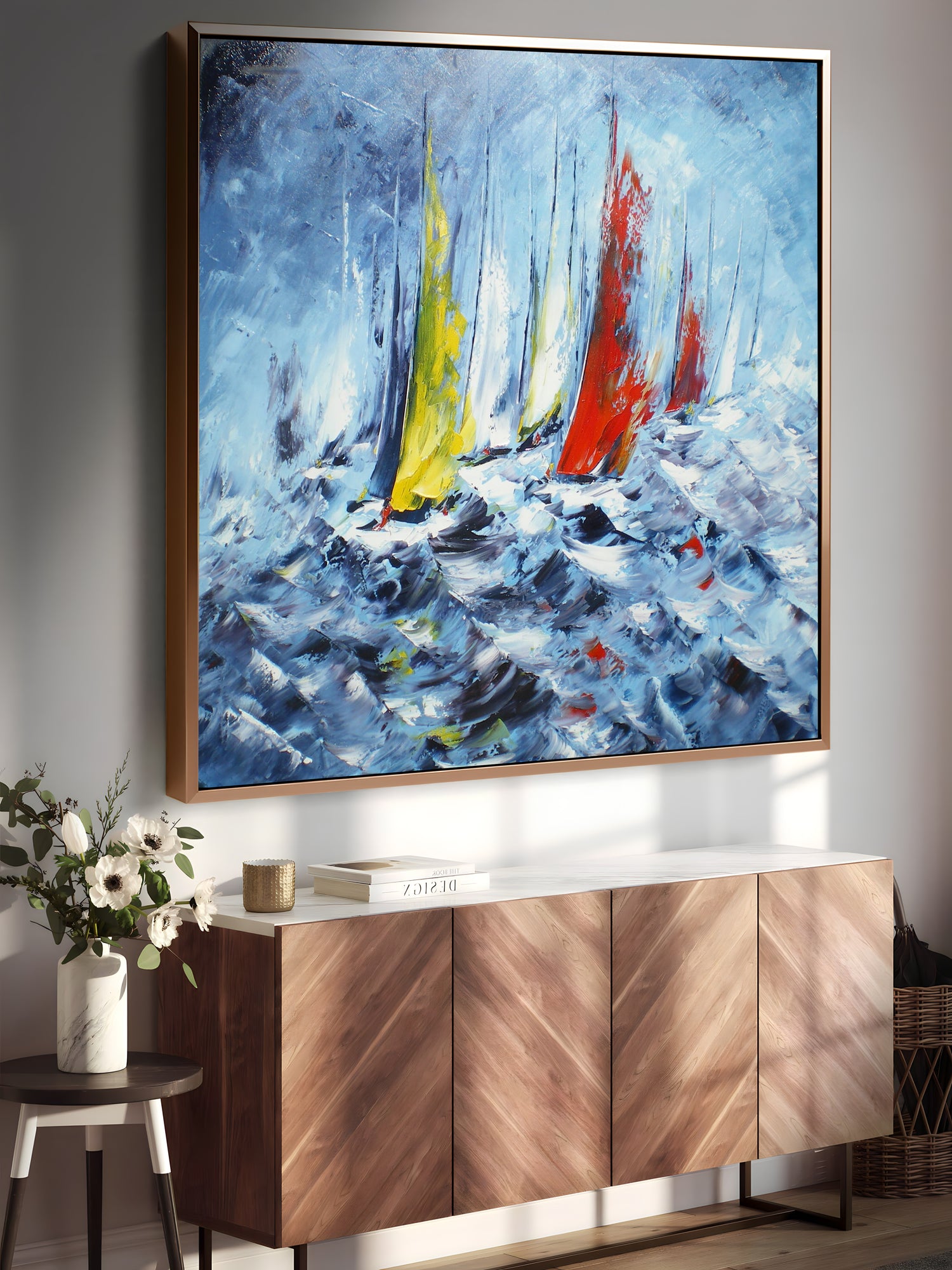 a painting of sailboats in a blue ocean