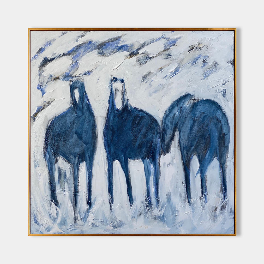 a painting of three horses standing in the snow