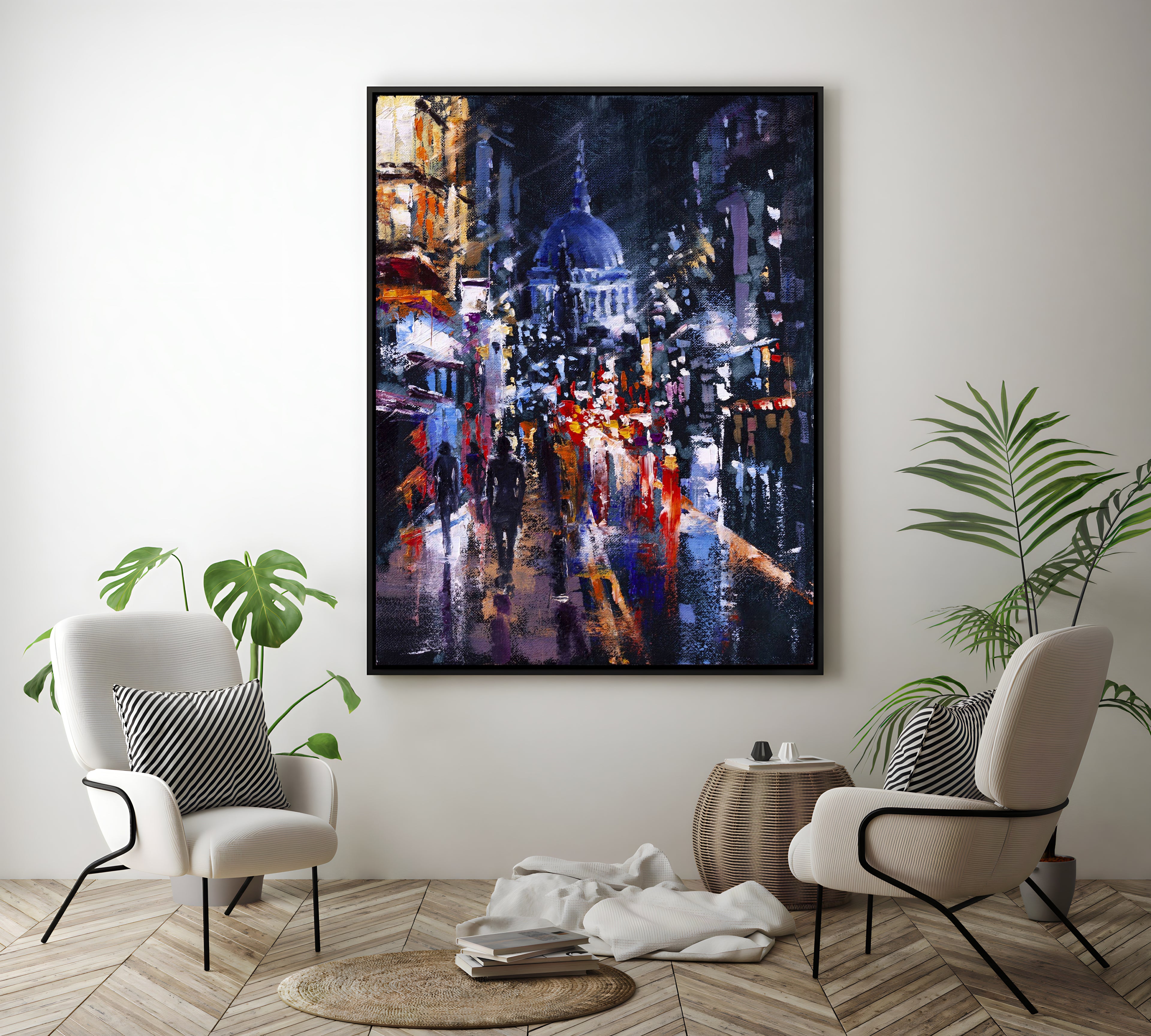 a painting of a city street at night