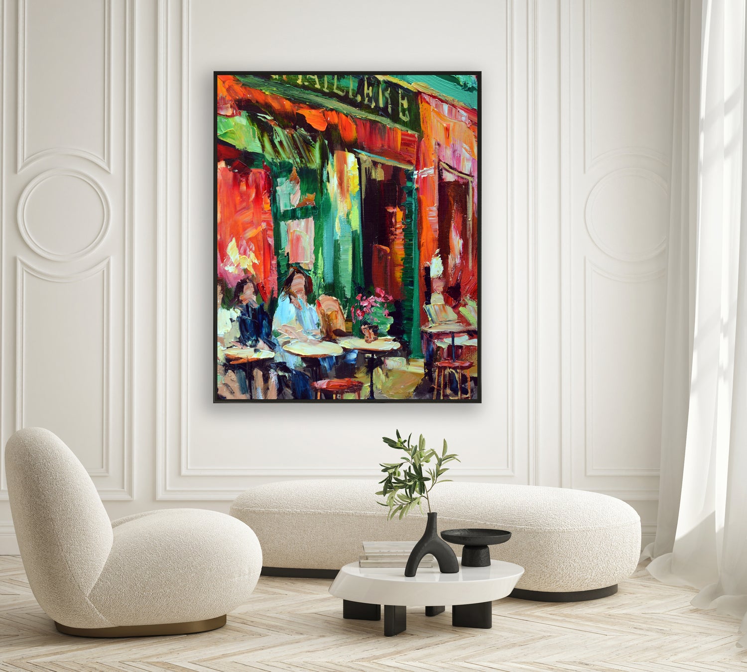 a painting of people sitting at a table outside a restaurant