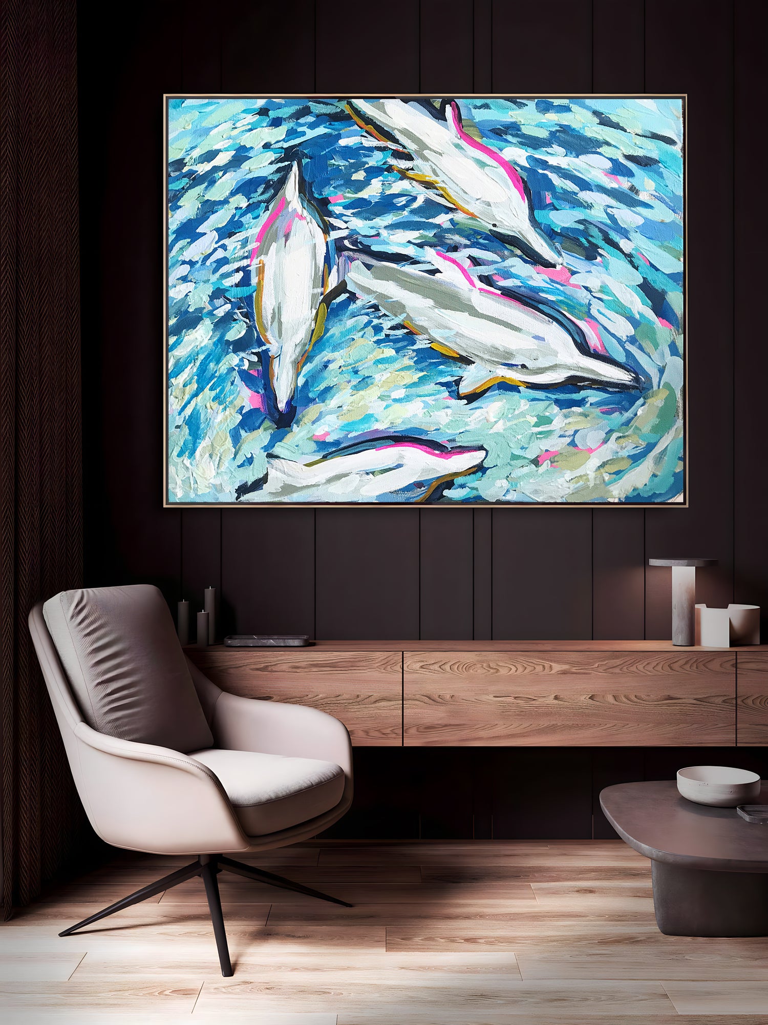 a painting of dolphins swimming in the ocean