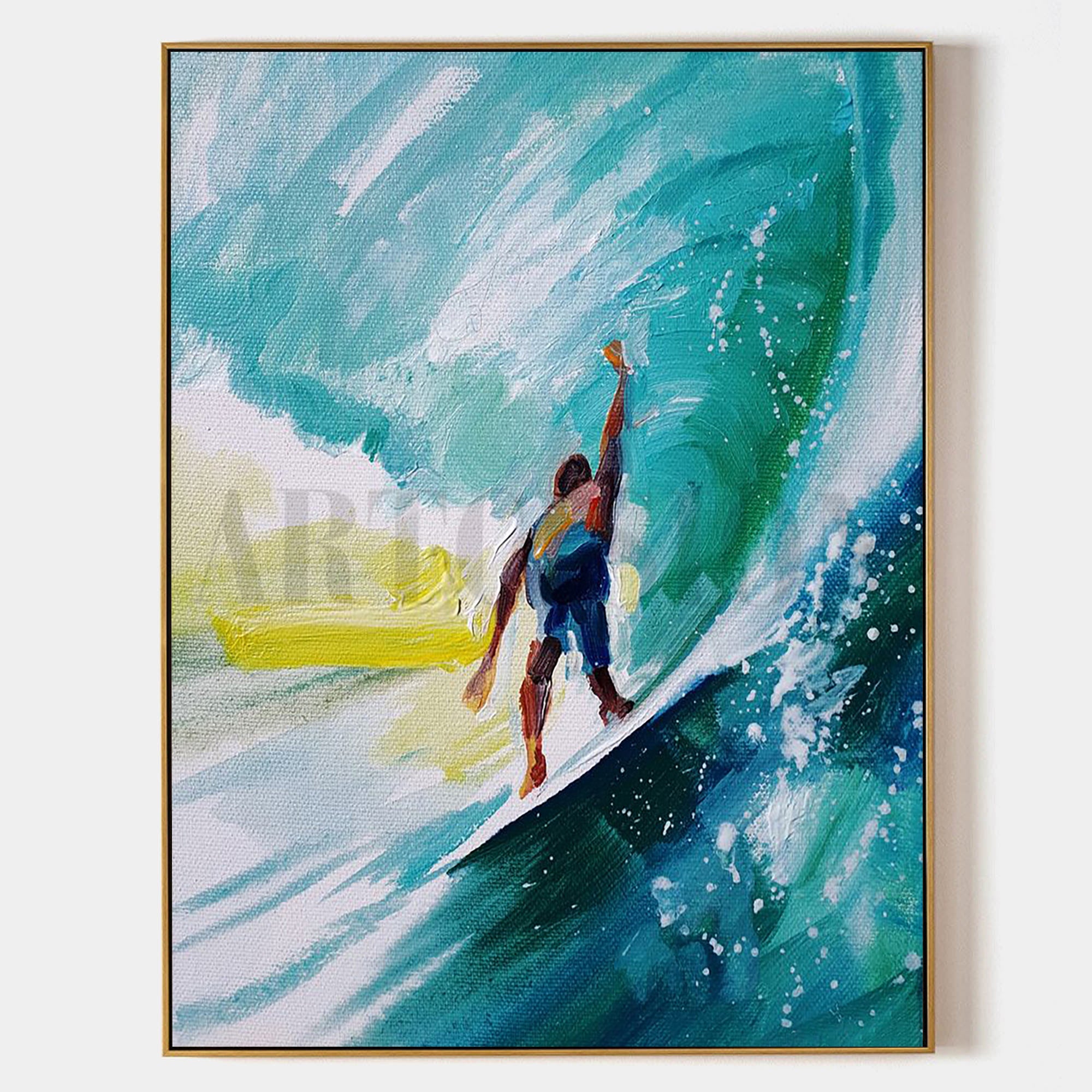 a painting of a man riding a wave on a surfboard