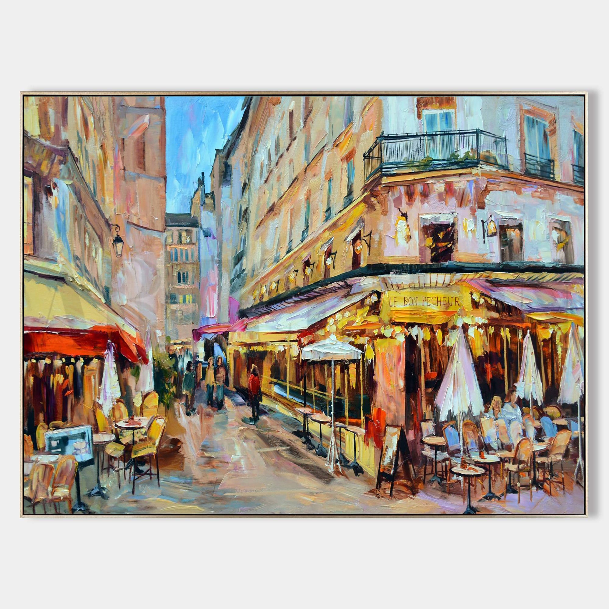 a painting of a city street with tables and chairs