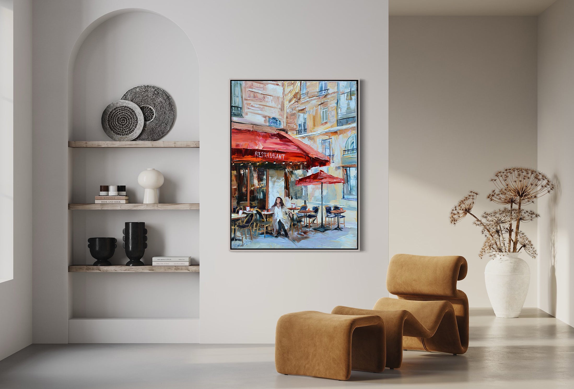 a painting of a cafe with a red umbrella