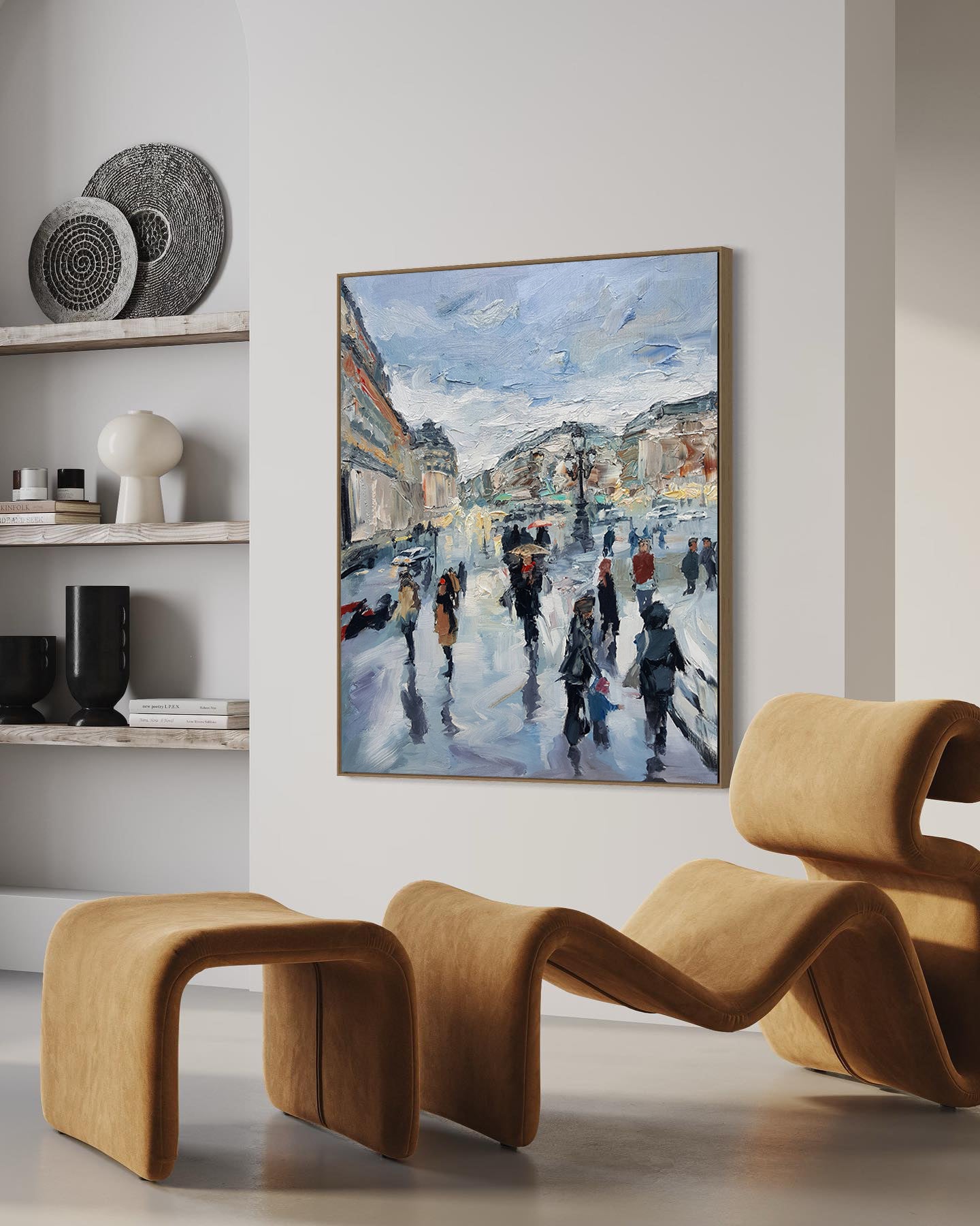 a painting of people walking down a street