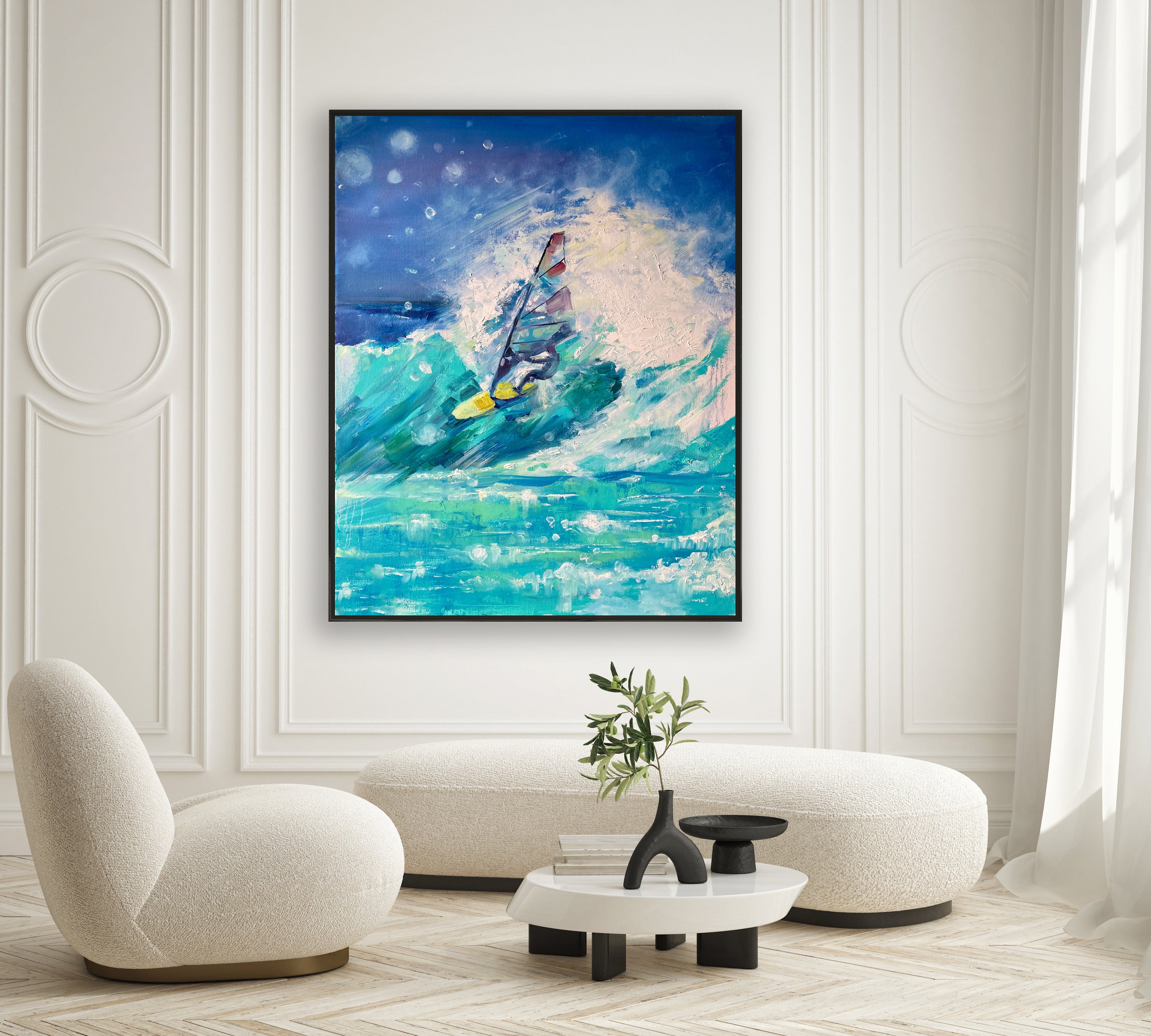 a painting of a person on a surfboard riding a wave