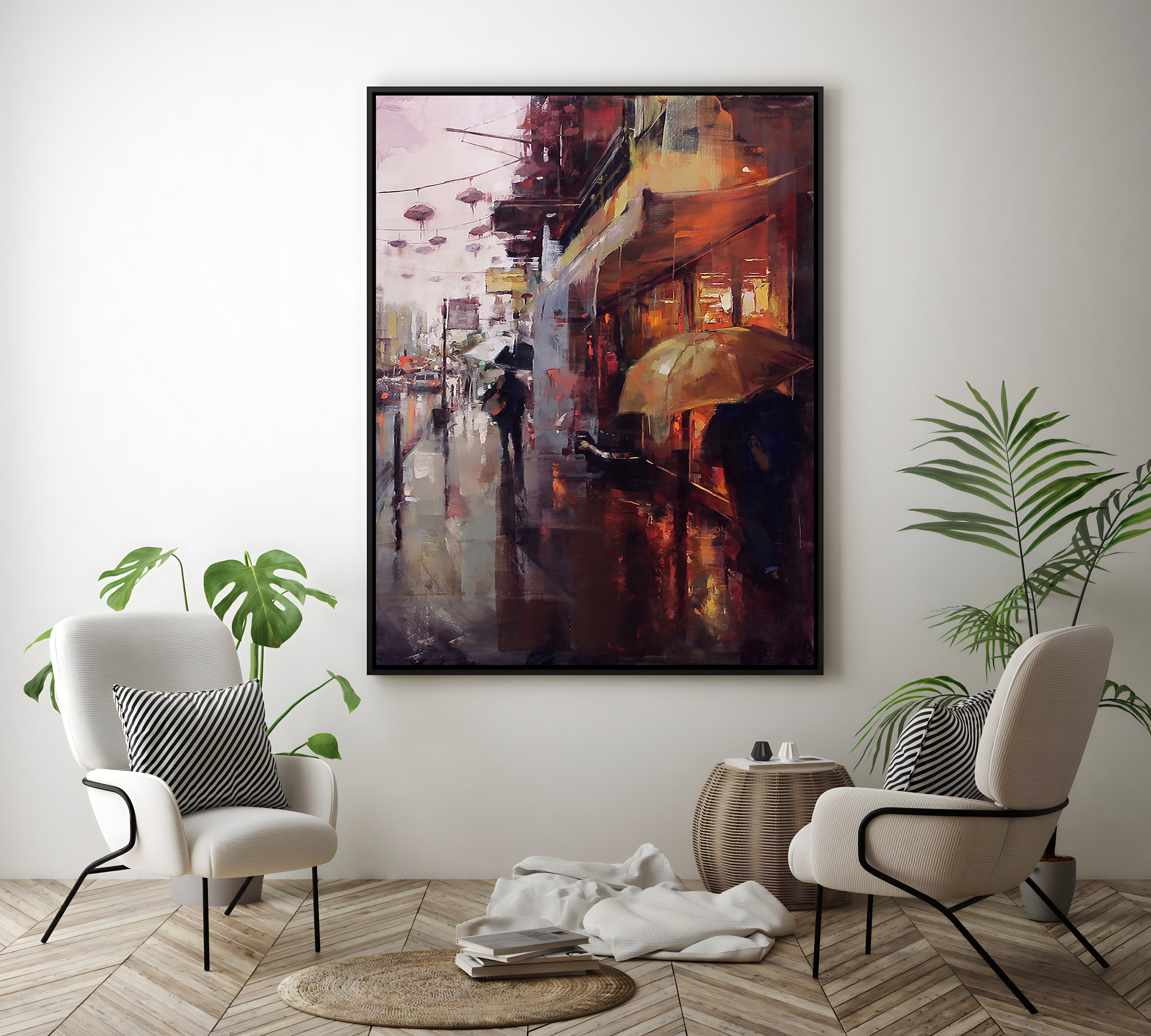 a painting of a person walking down a street holding an umbrella