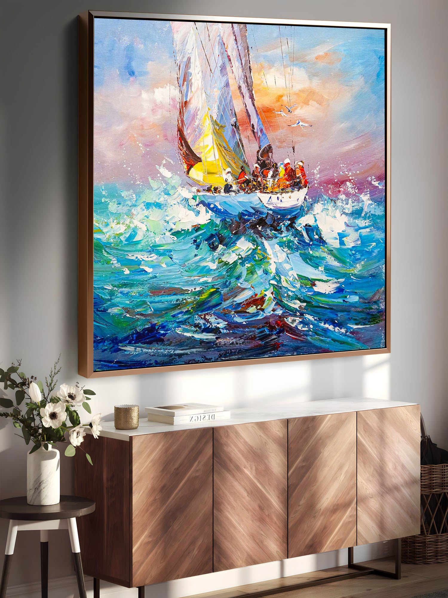 a painting of a sailboat in the ocean