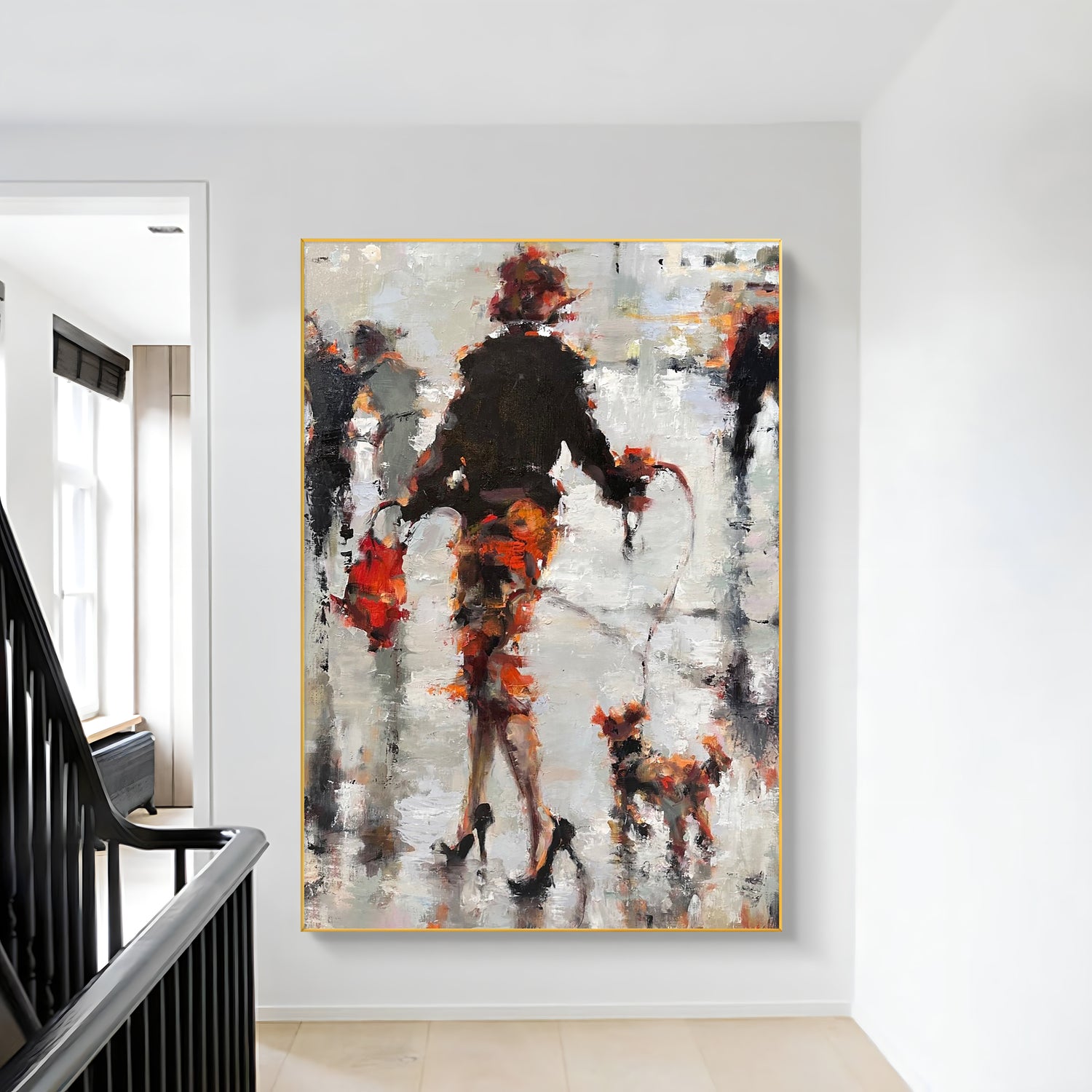 a painting hanging on a wall next to a banister