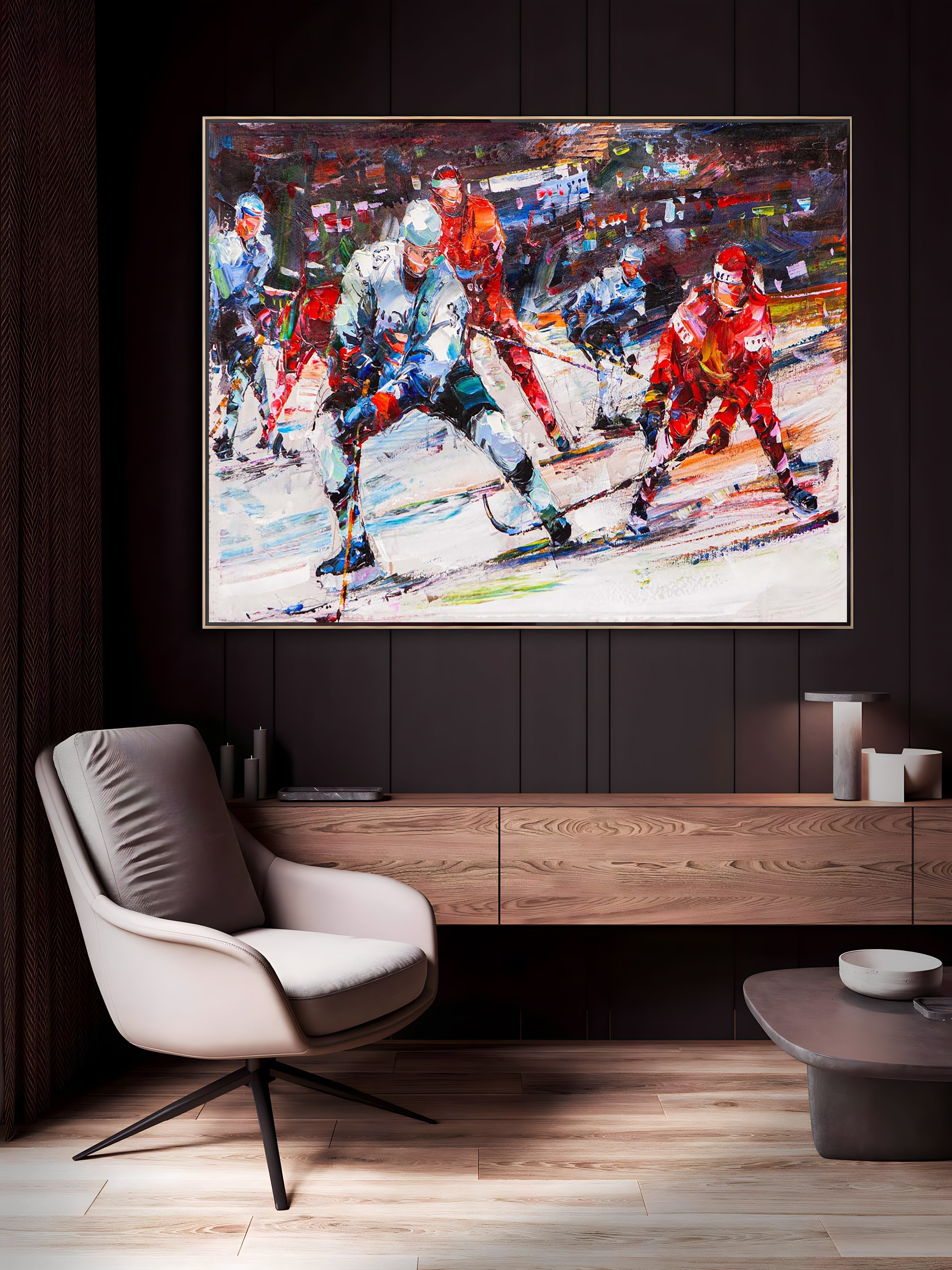 a painting of a hockey game being played