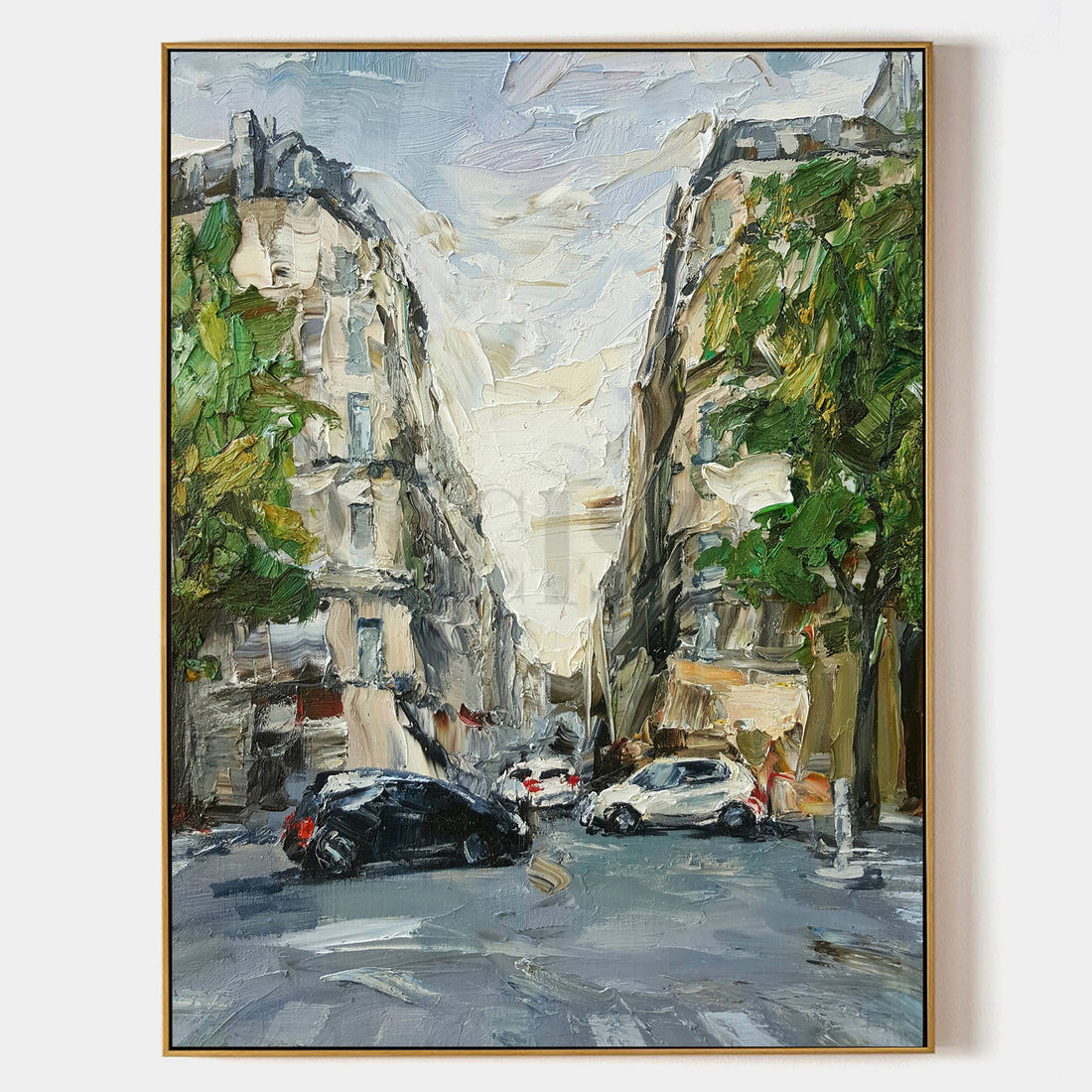 a painting of a city street with cars