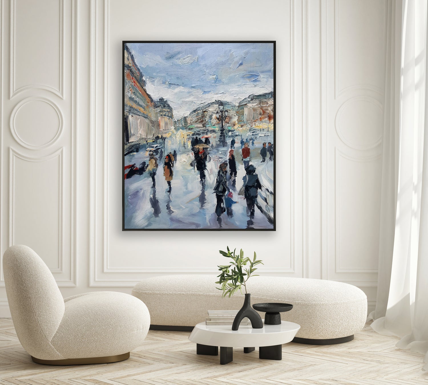 a painting of people walking down a street