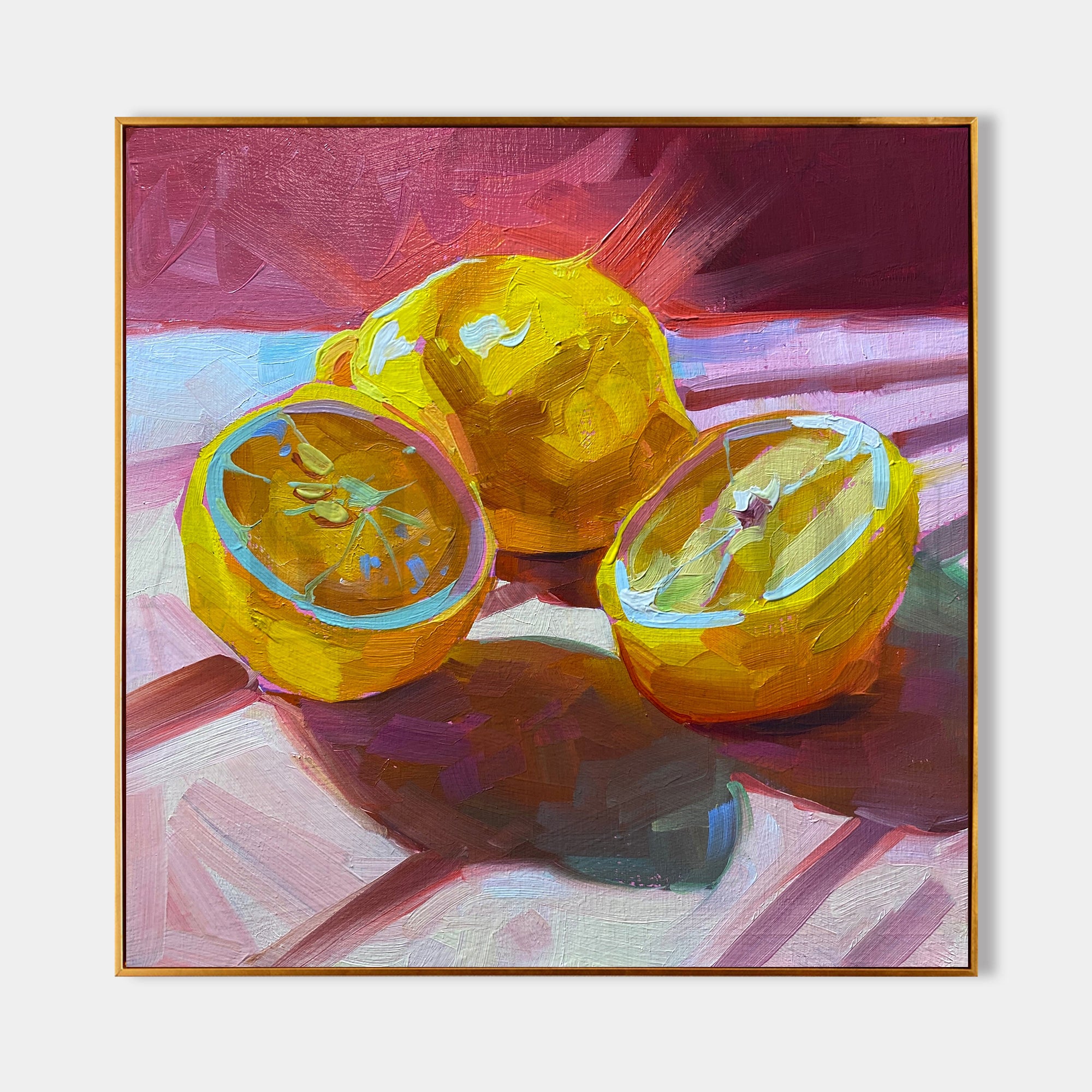 a painting of three oranges on a table