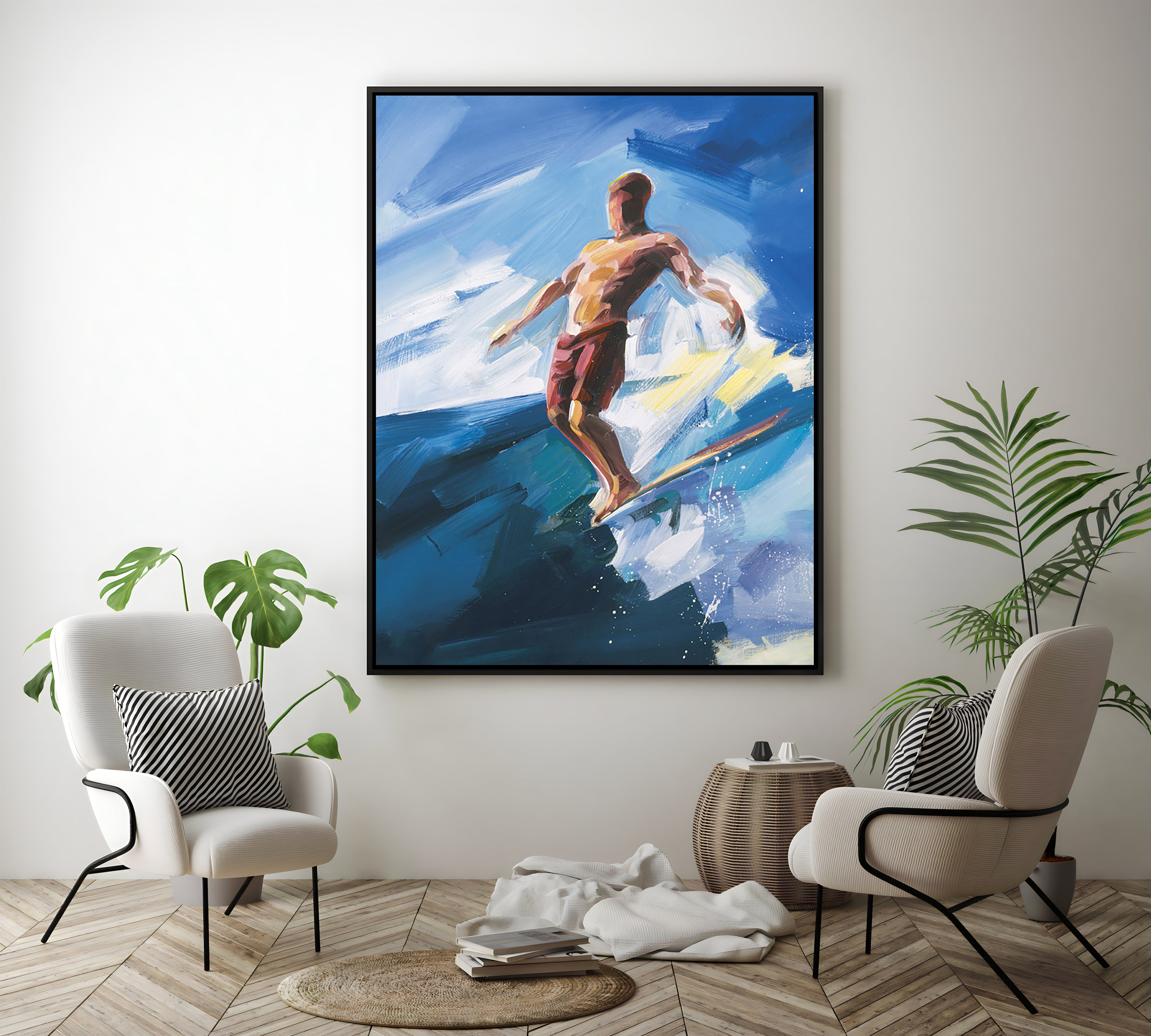 a painting of a man surfing in the ocean